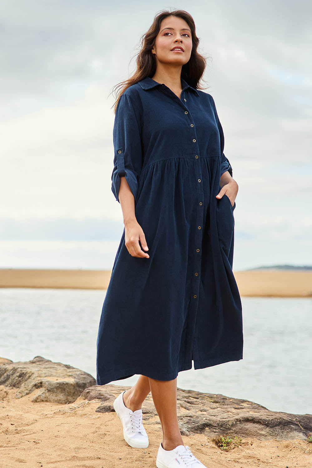 Cord Collar Buttons Dress – Navy