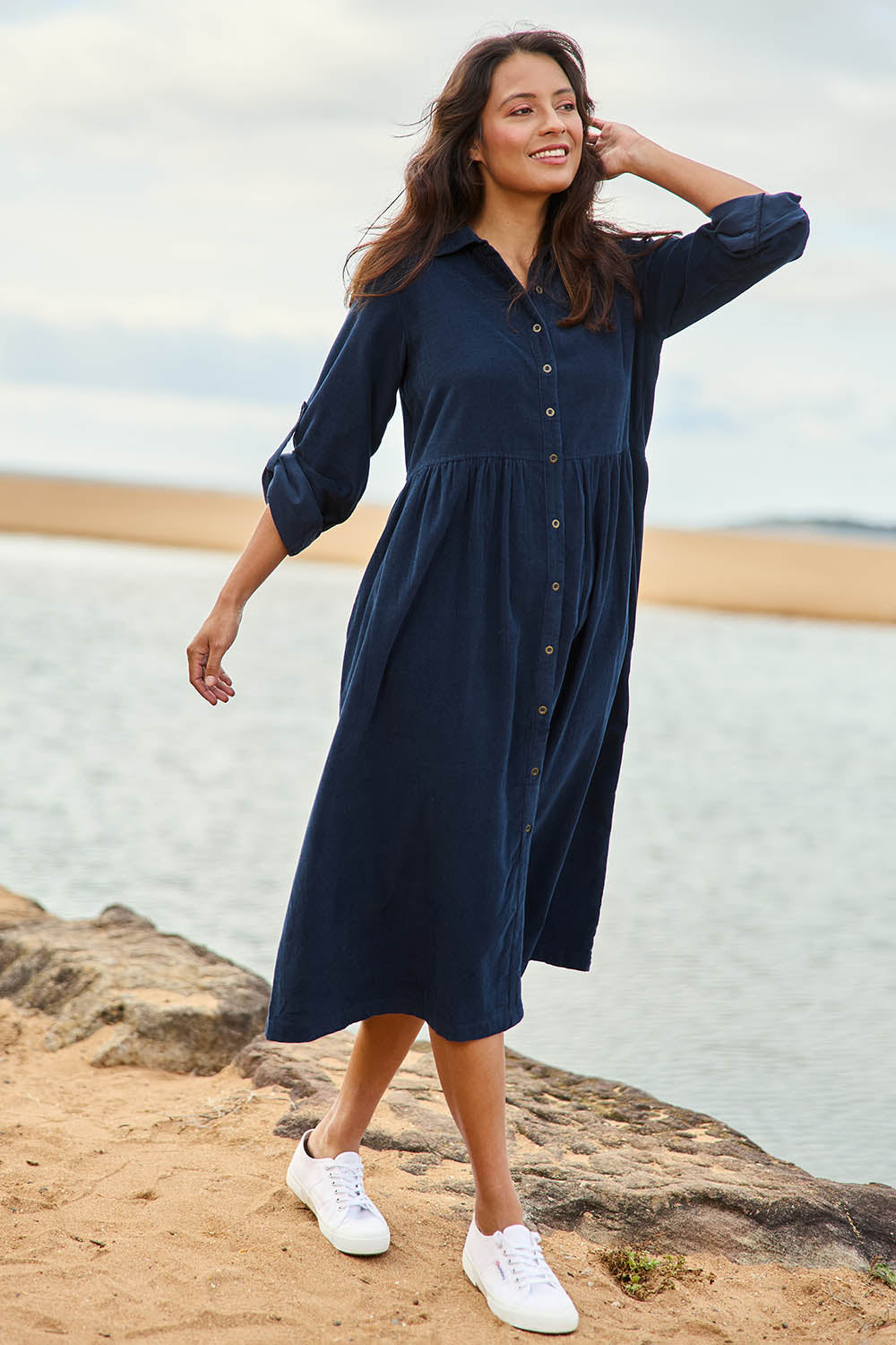 Cord Collar Buttons Dress – Navy