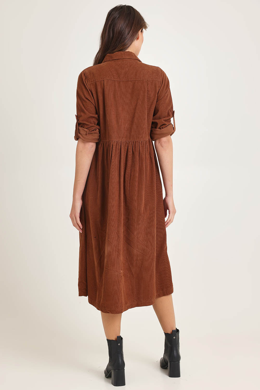 Cord Collar Buttons Dress – Tan