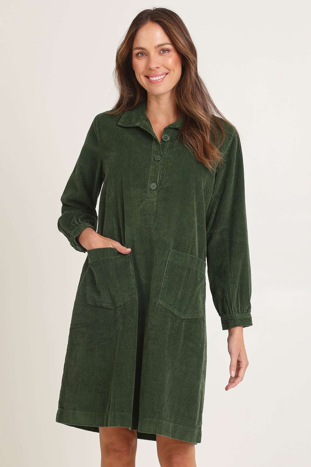 Cord Solids Pockets Dress - Military