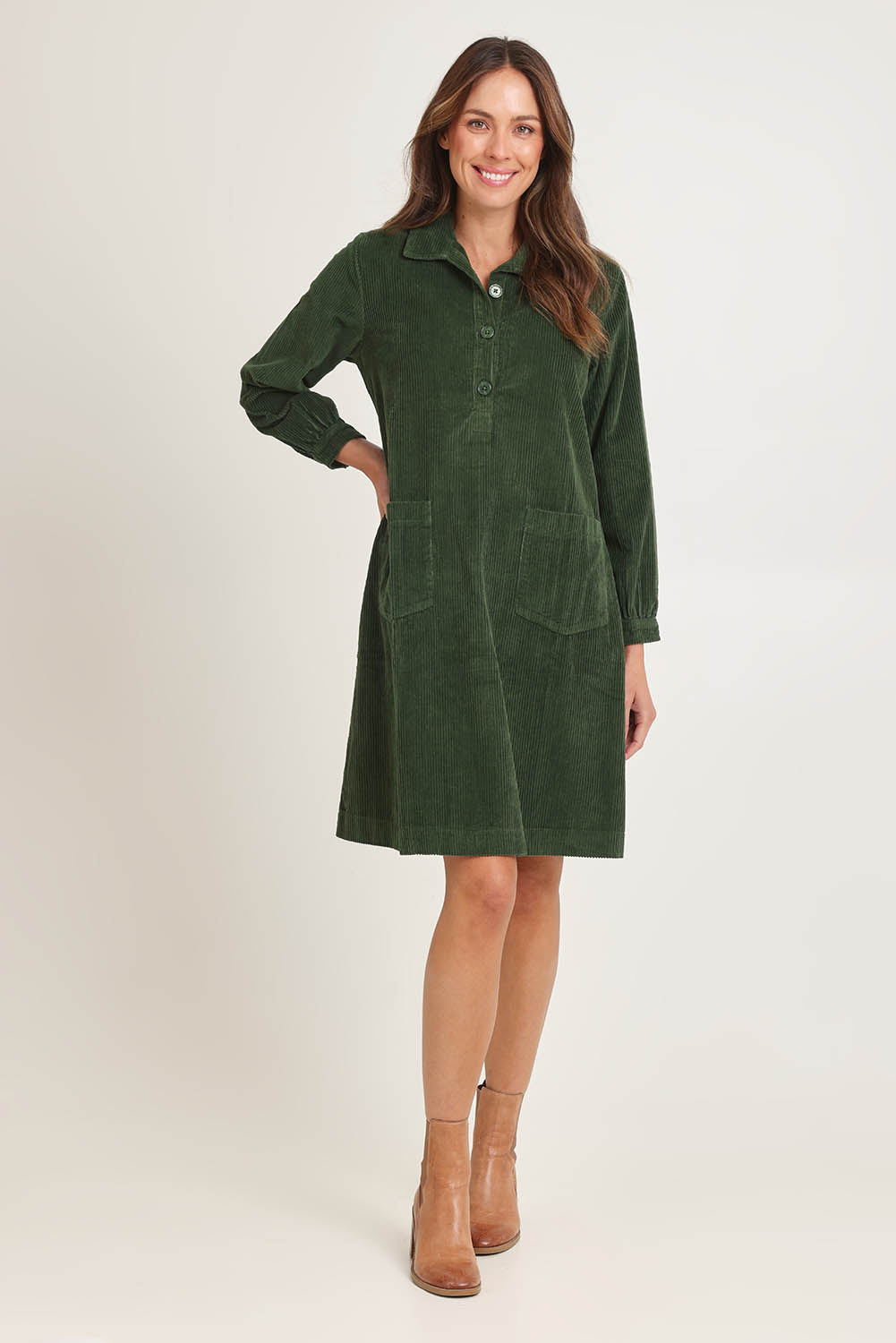 Cord Solids Pockets Dress - Military