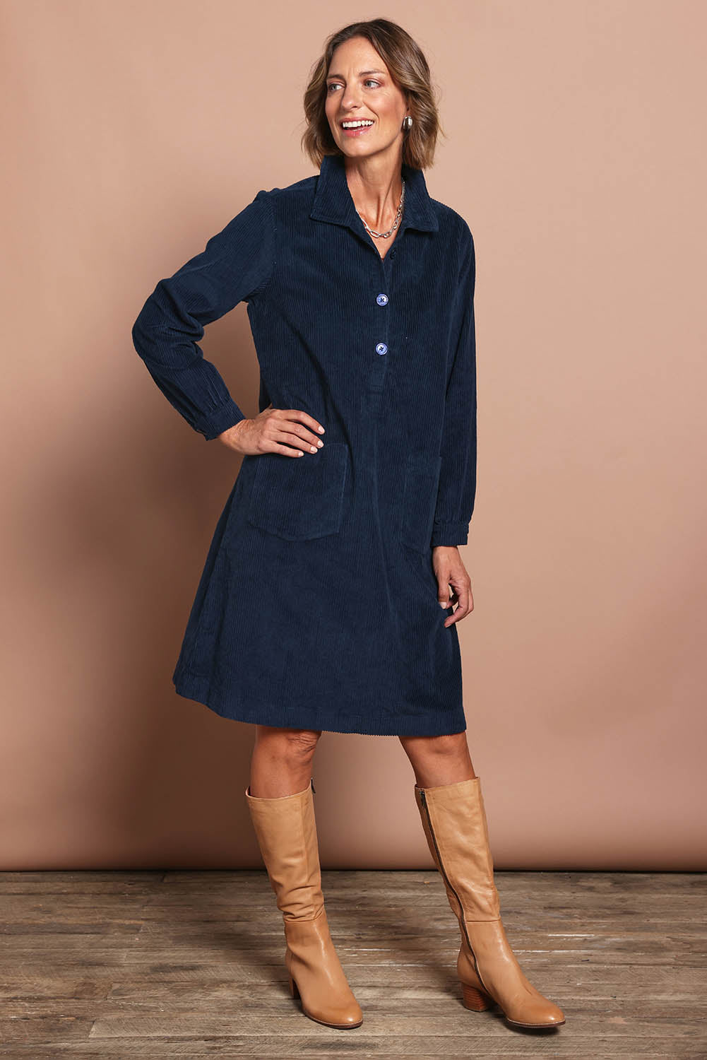Cord Solids Pockets Dress - Navy