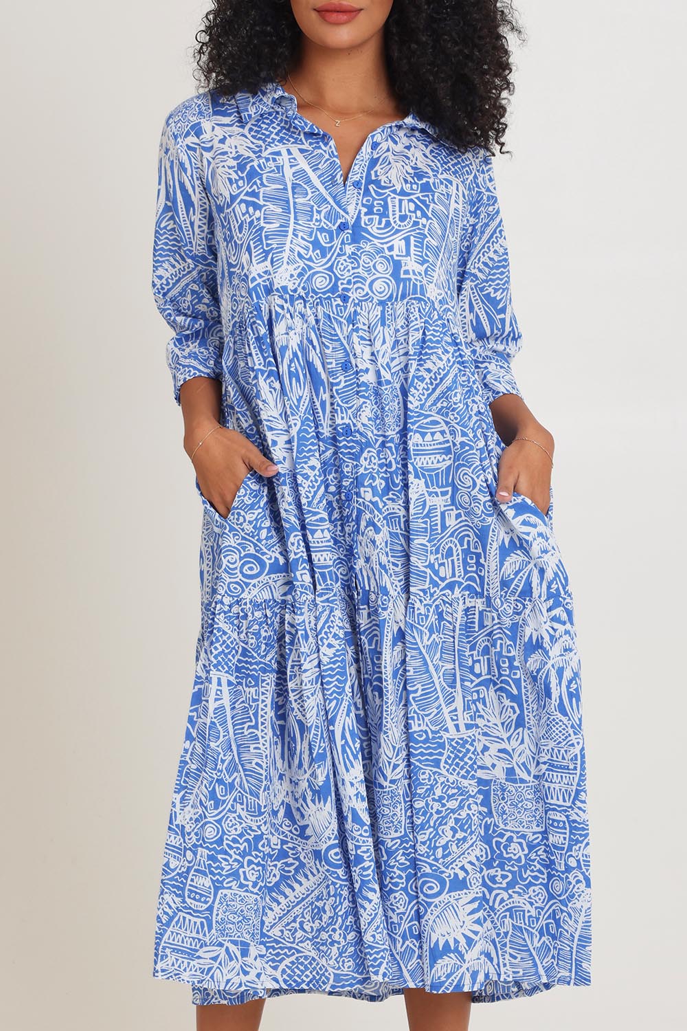 Collar Cotton Midi Dress - Blue