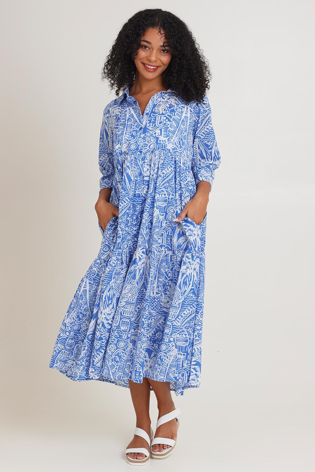 Collar Cotton Midi Dress - Blue