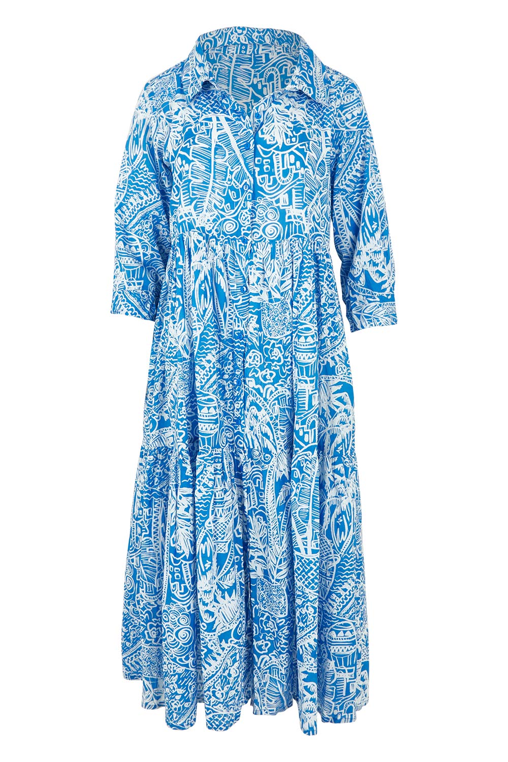 Collar Cotton Midi Dress - Blue