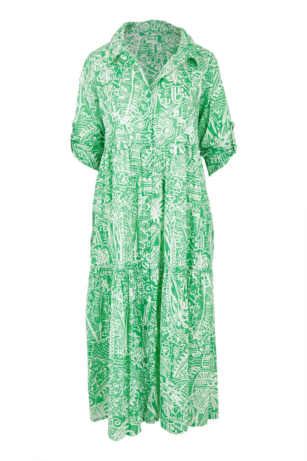 Collar Cotton Midi Dress - Green