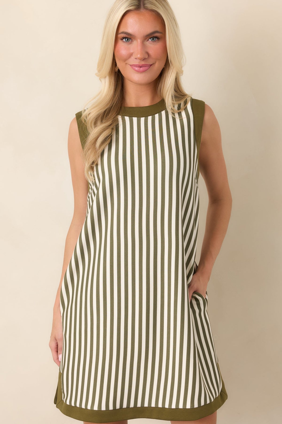 On the Roster Olive & Ivory Striped Shift Mini Dress