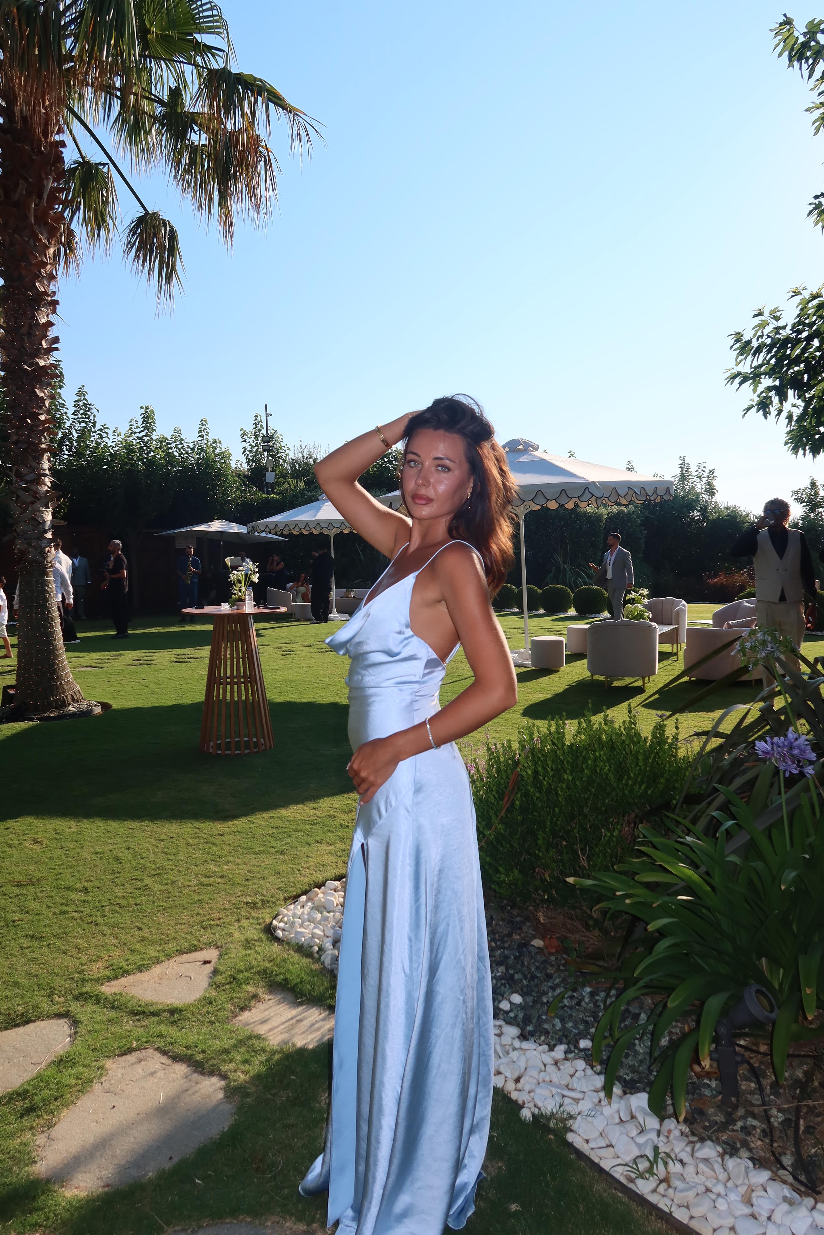 Clementine Cowl Neck Gown in Pale Blue