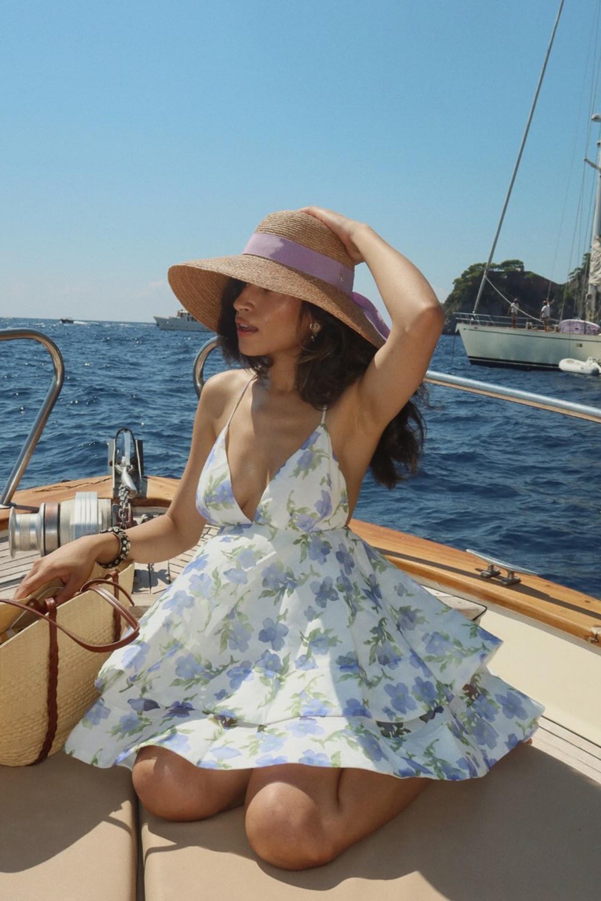Cleo Tiered Mini Dress in White & Blue Floral