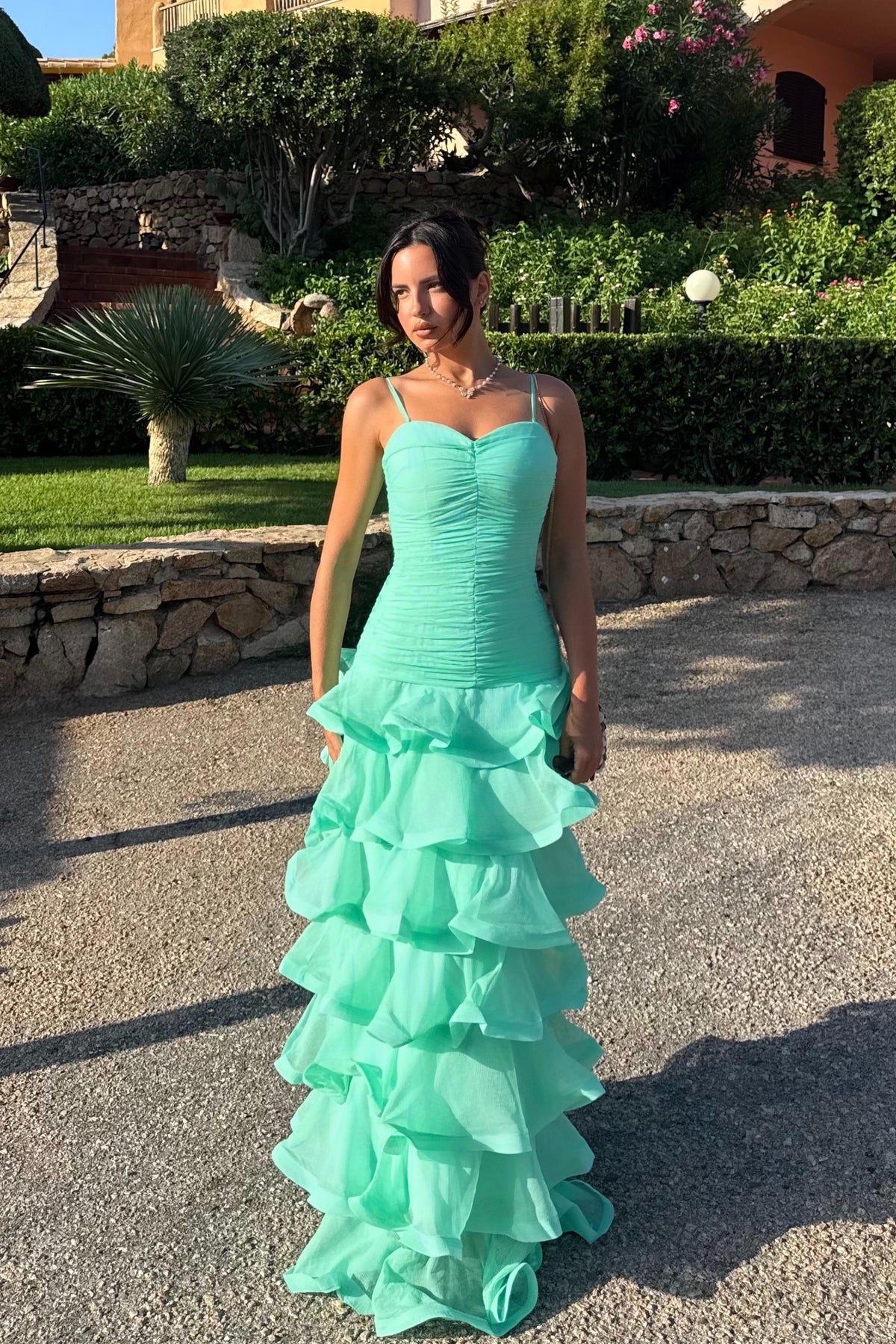 Evelin Tiered Gown in Mint Green