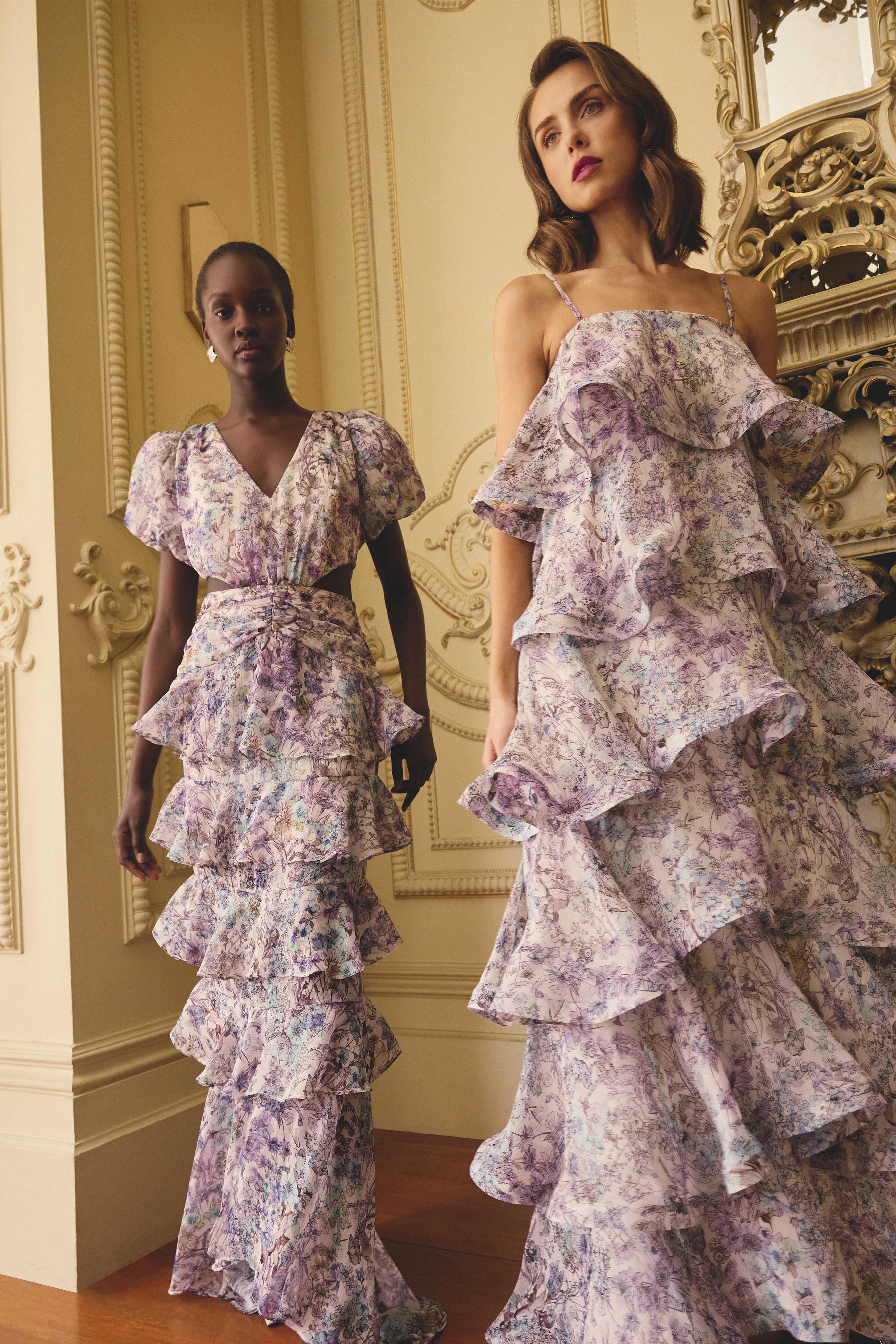 Rosaria Tiered Gown in Purple Floral