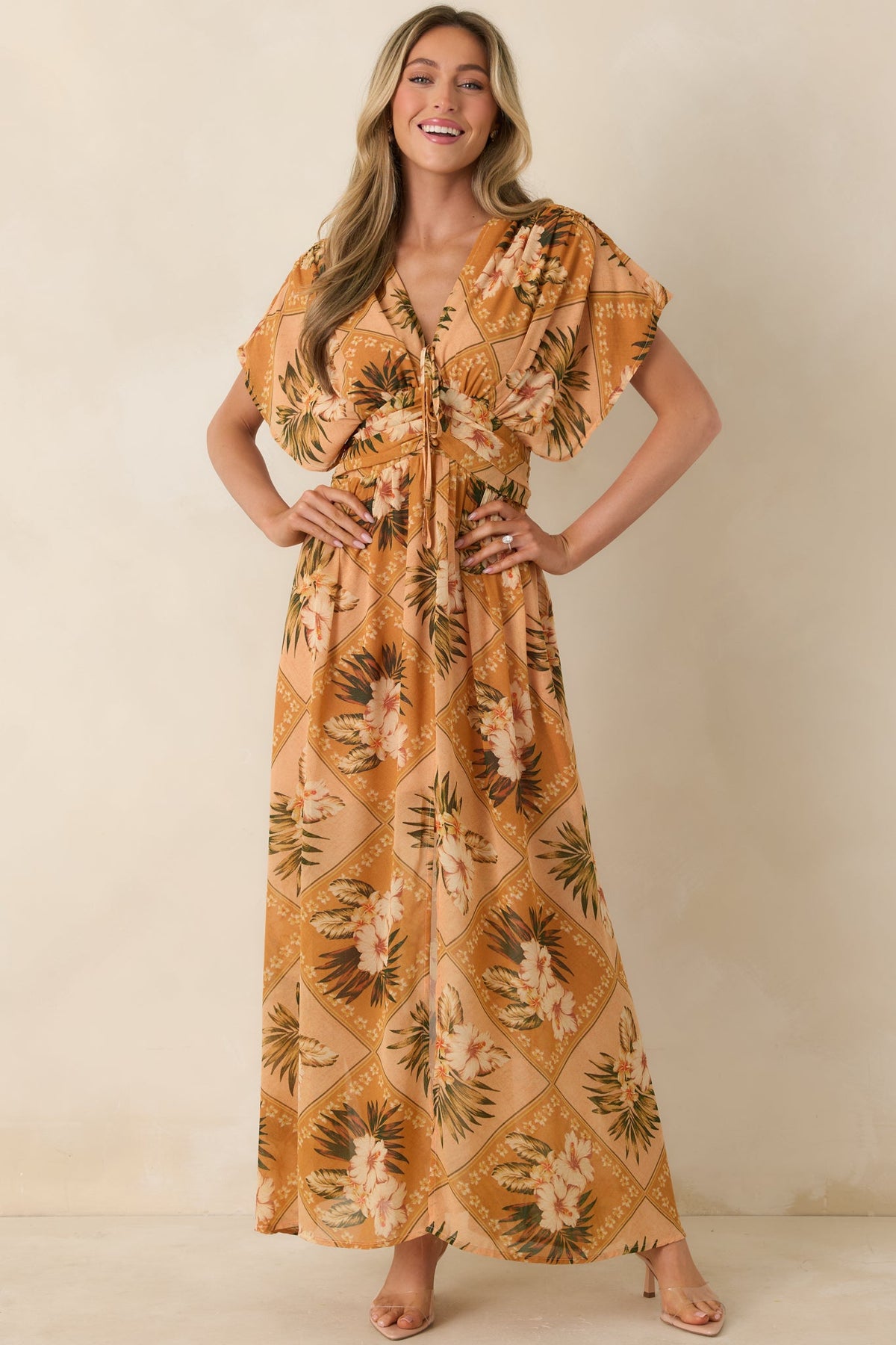 Booked the Trip Peach Multi Tropical Print Maxi Dress