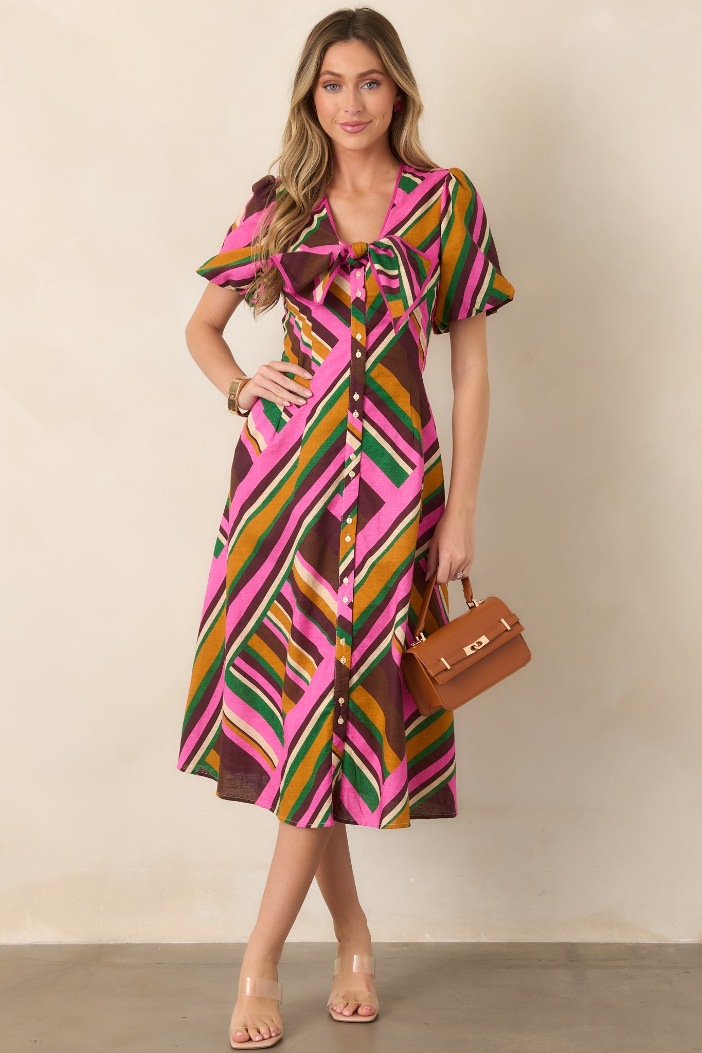 That’s the Spirit Pink Multi Geometric Stripe Cotton Linen Midi Dress