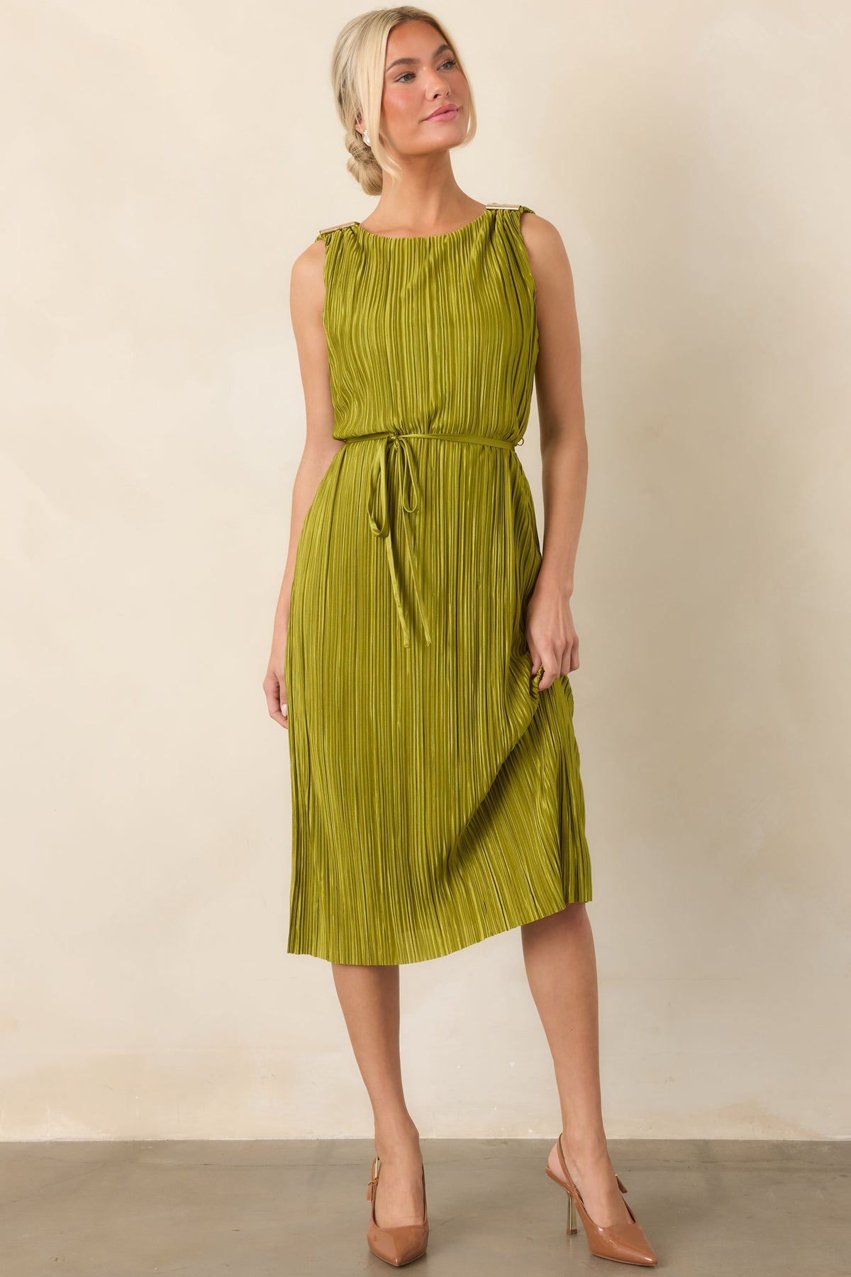 Afterglow Peridot Green Pleated Midi Dress