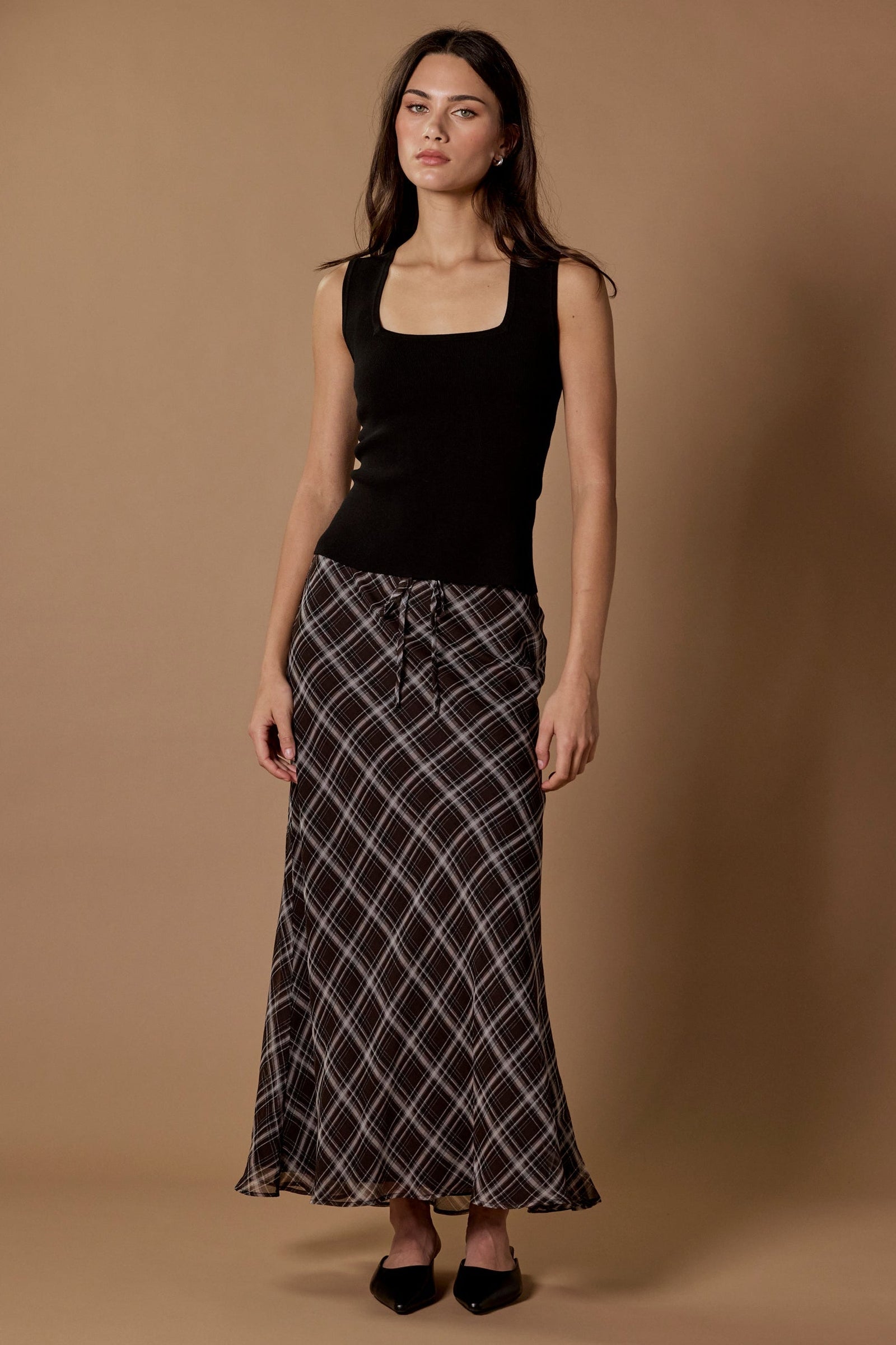 Align Black Chocolate Check Tie Waist Bias Maxi Skirt