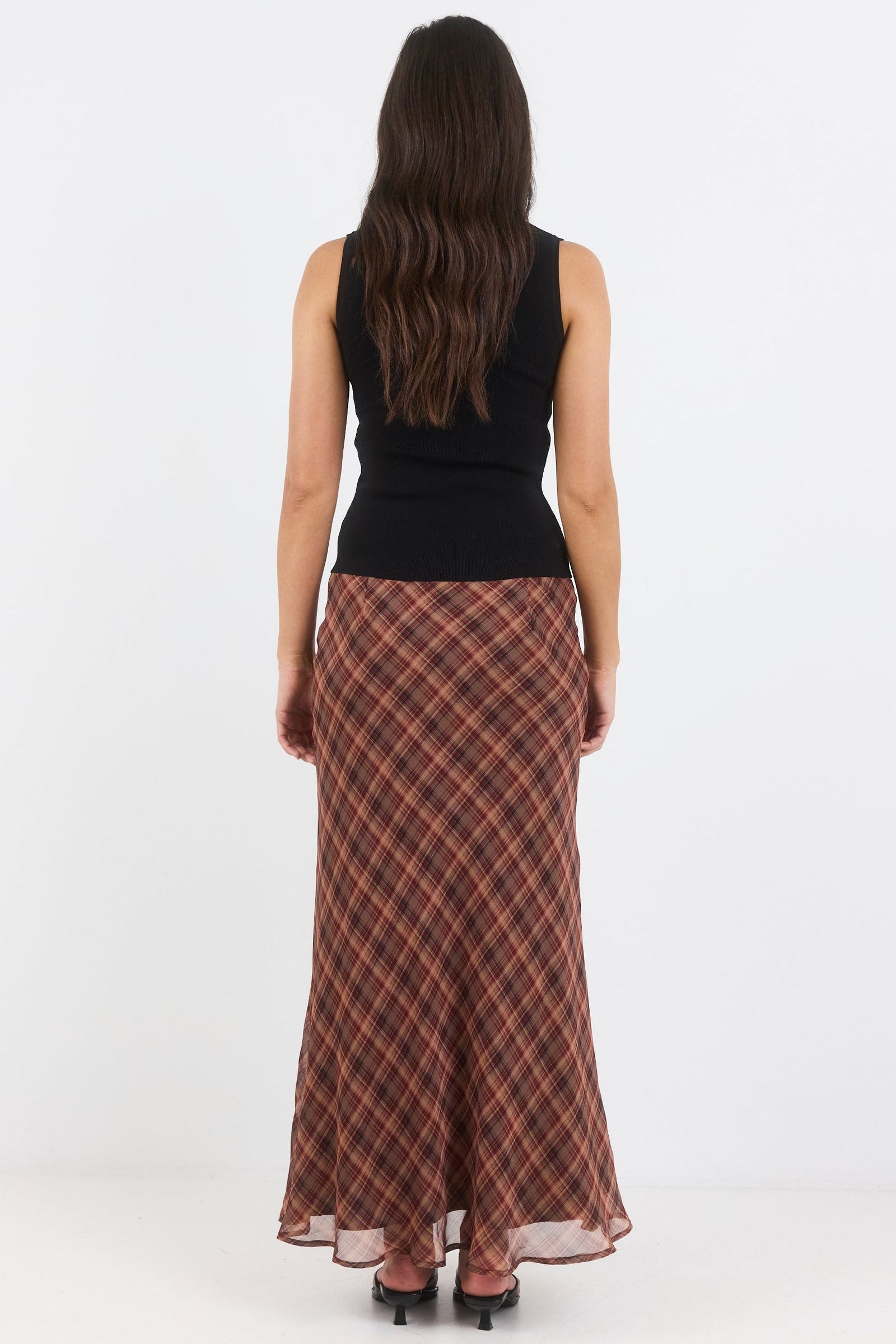 Align Wine Cinnamon Check Tie Waist Bias Maxi Skirt