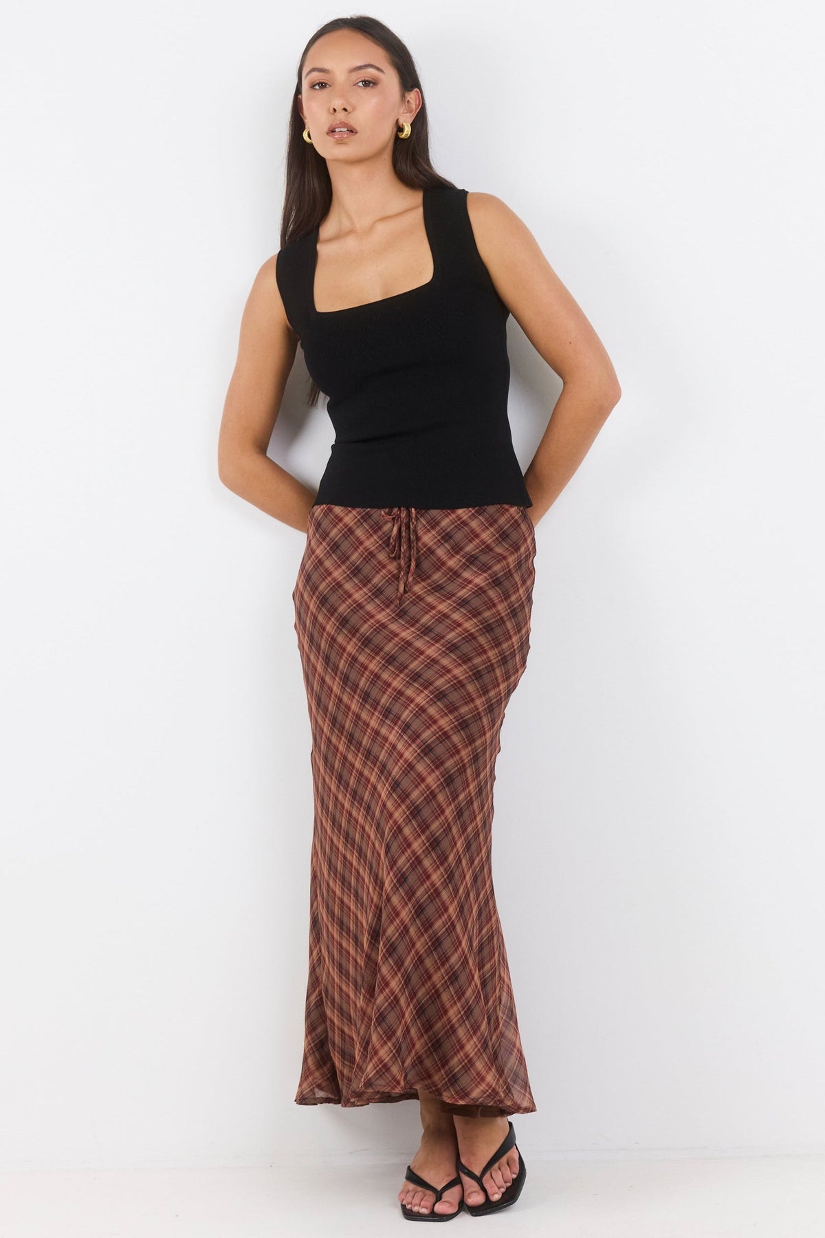 Align Wine Cinnamon Check Tie Waist Bias Maxi Skirt