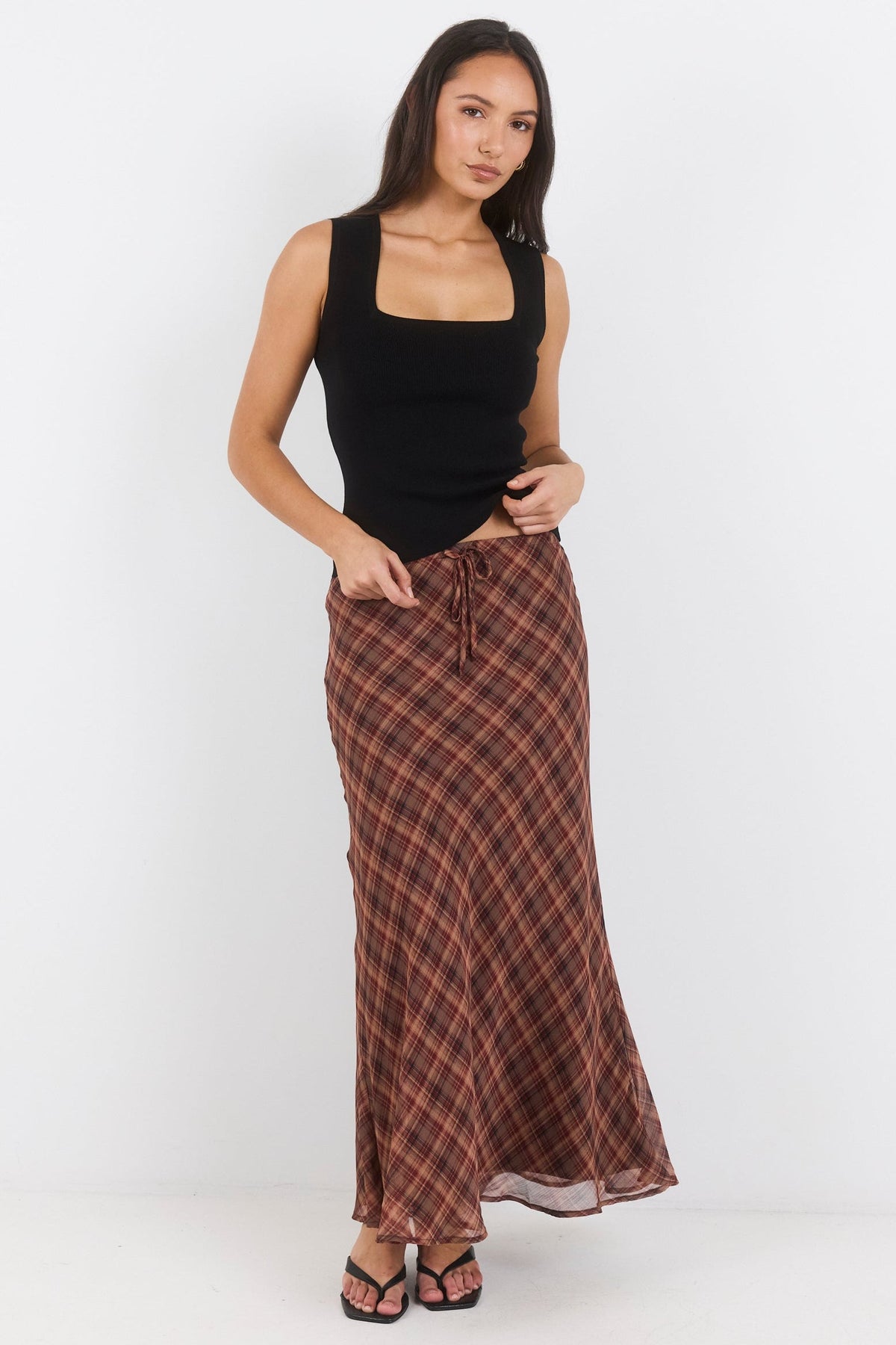 Align Wine Cinnamon Check Tie Waist Bias Maxi Skirt