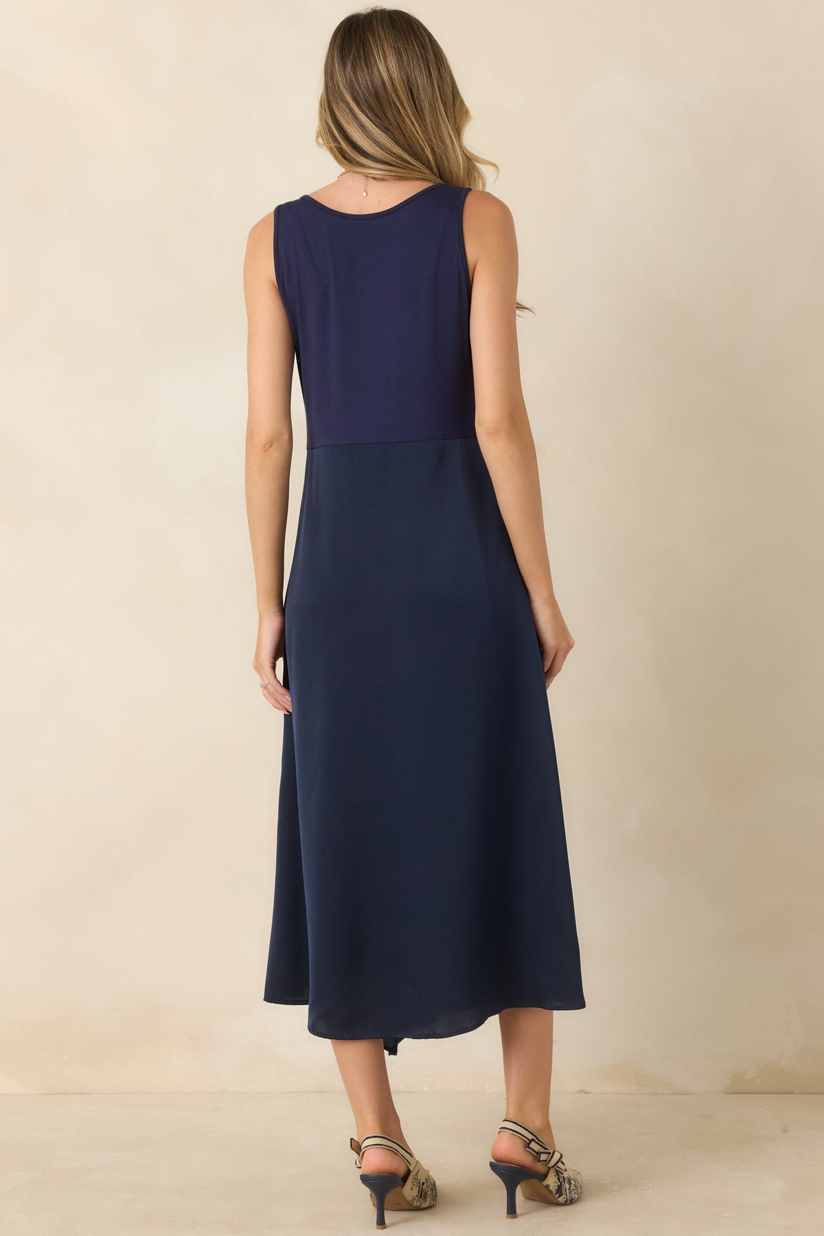 Easy Confidence Navy Knit & Satin Sleeveless Midi Dress