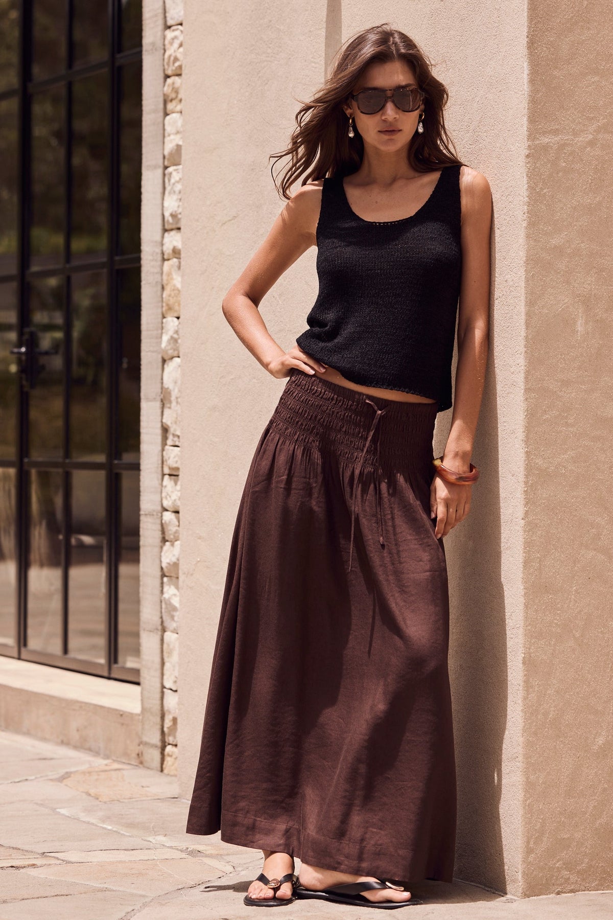 Byron Chocolate Linen Blend Shirred Waist Maxi Skirt