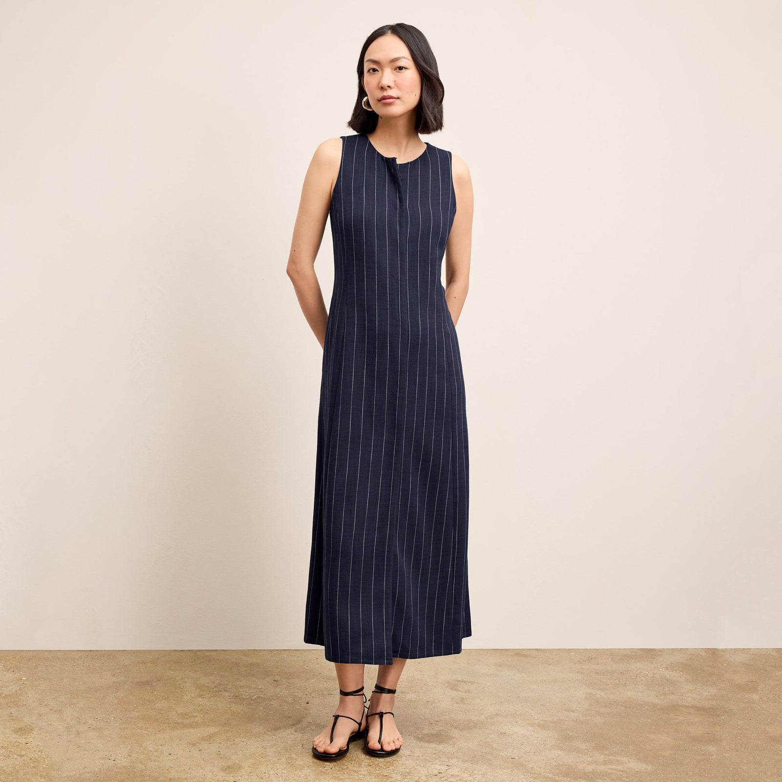Renata Shift Dress - Woven Pinstripe :: Navy/Ivory
