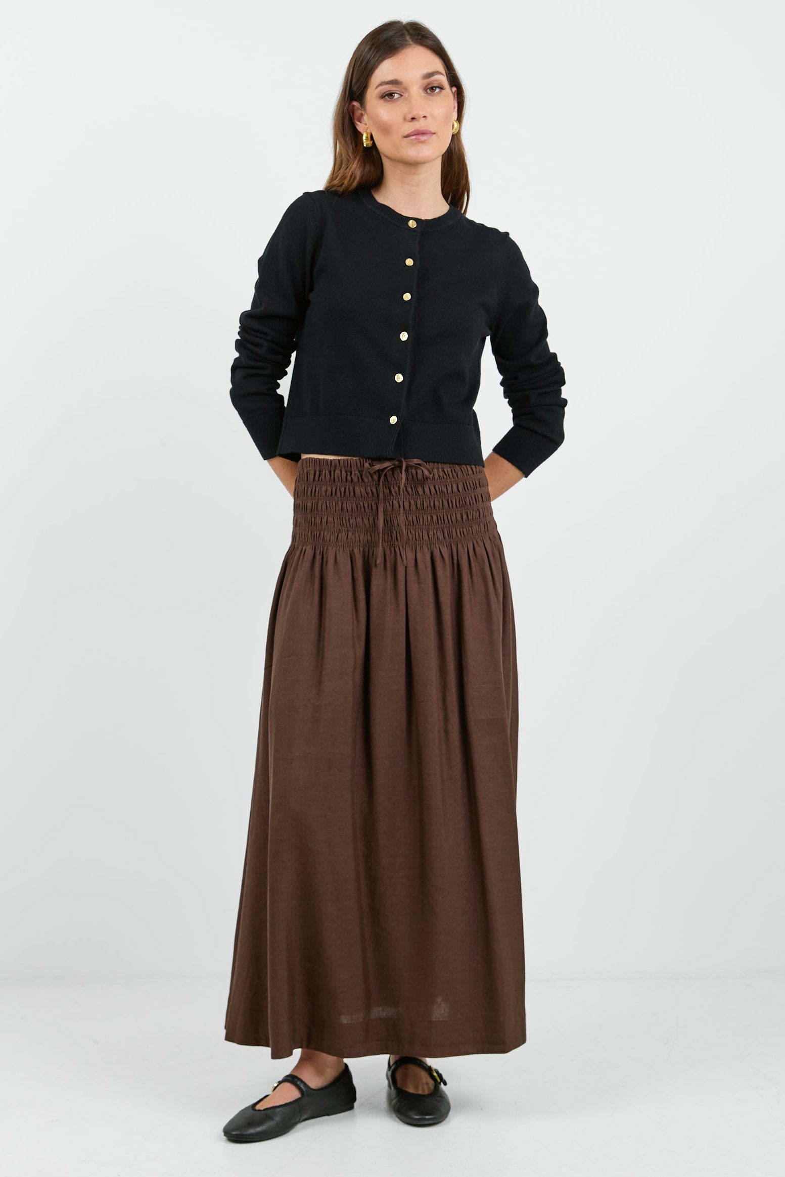 Byron Chocolate Linen Blend Shirred Waist Maxi Skirt