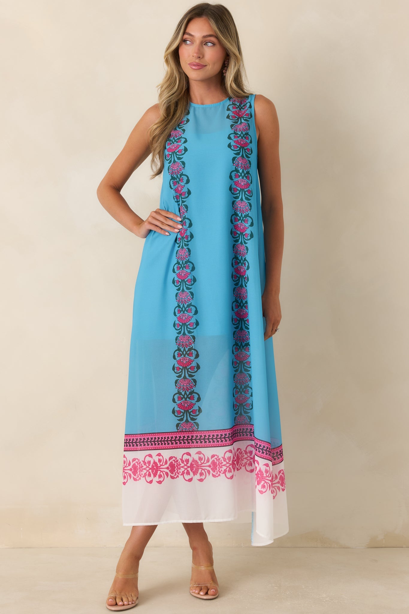 Cocktail Conversation Blue Floral Border Print Maxi Dress