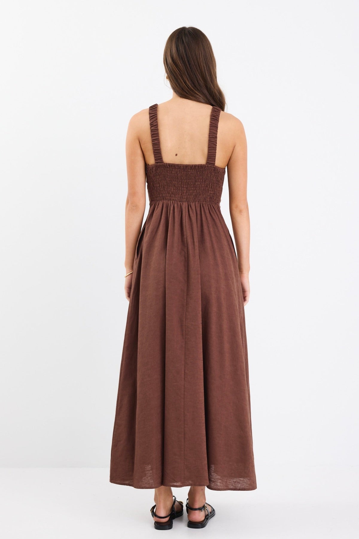 Cairo Chocolate Cotton Linen Sleeveless Midi Dress