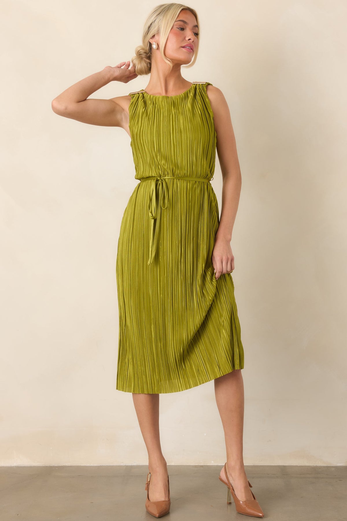 Afterglow Peridot Green Pleated Midi Dress