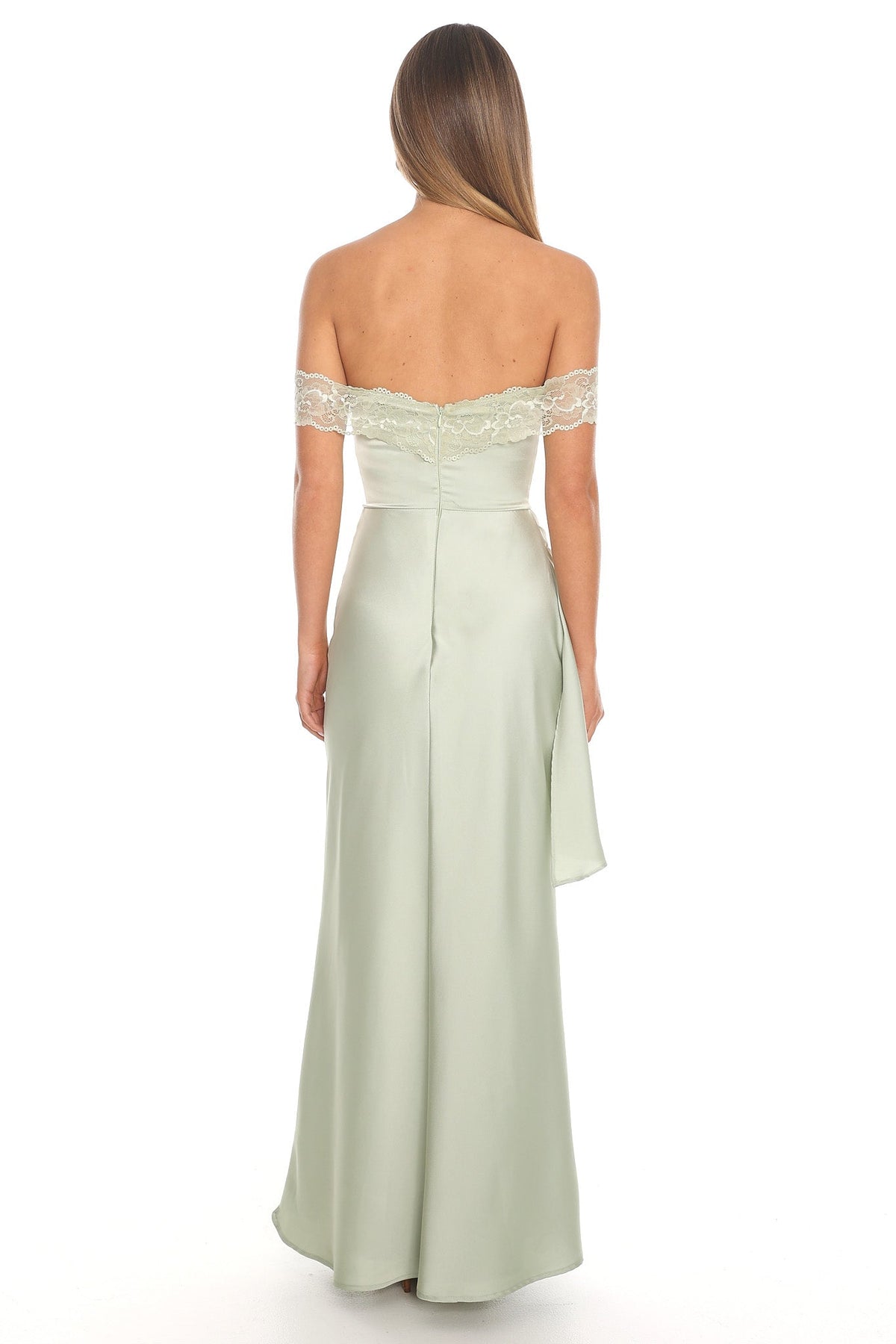 Solemn Vow Off-Shoulder Satin Gown Sage
