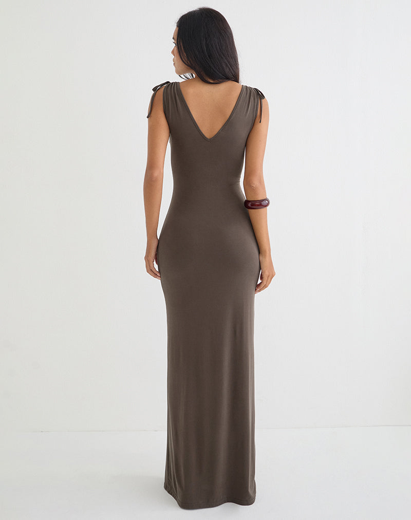 Sanyu Plunge Maxi Dress in Cupro Dark Brown