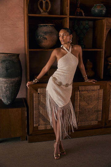 Fontaine Ivory Jacquard Fringe Midi Dress