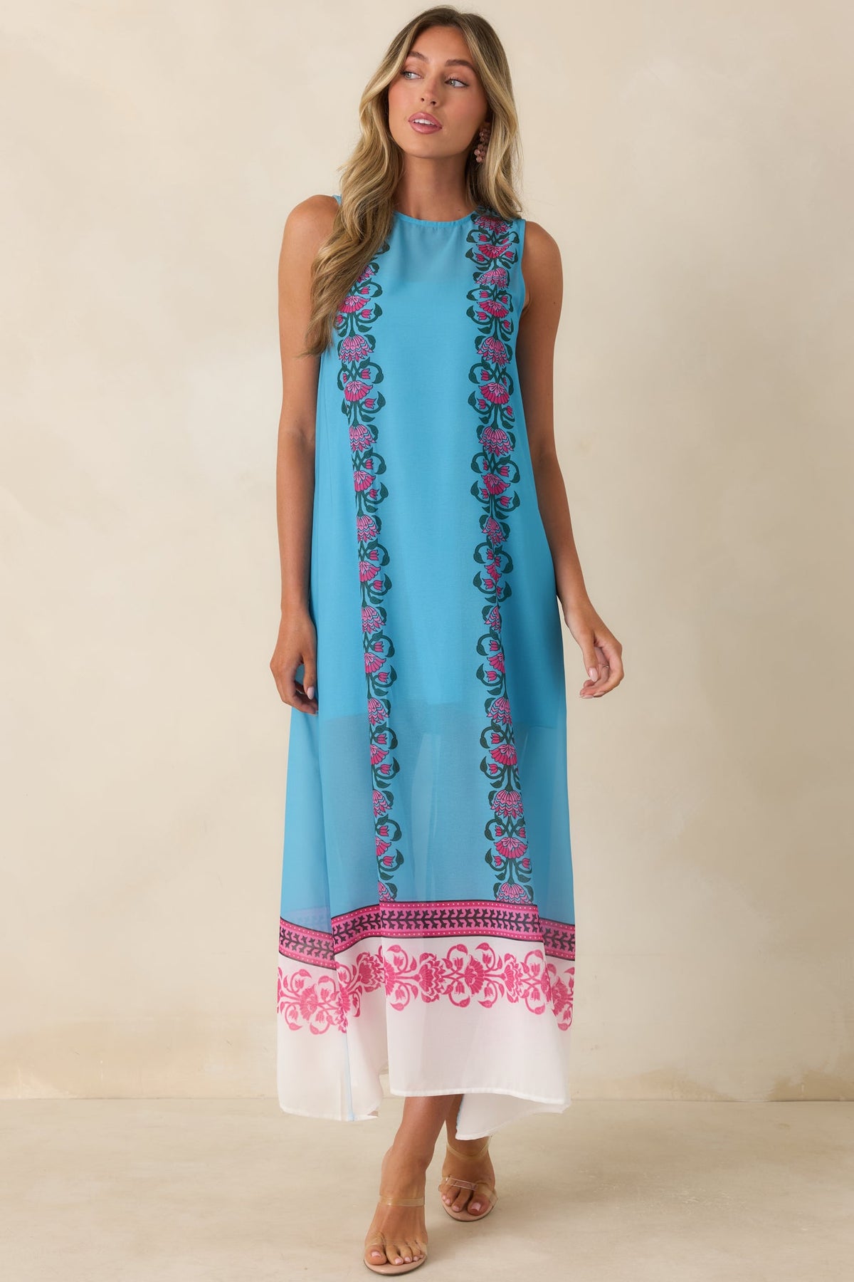 Cocktail Conversation Blue Floral Border Print Maxi Dress
