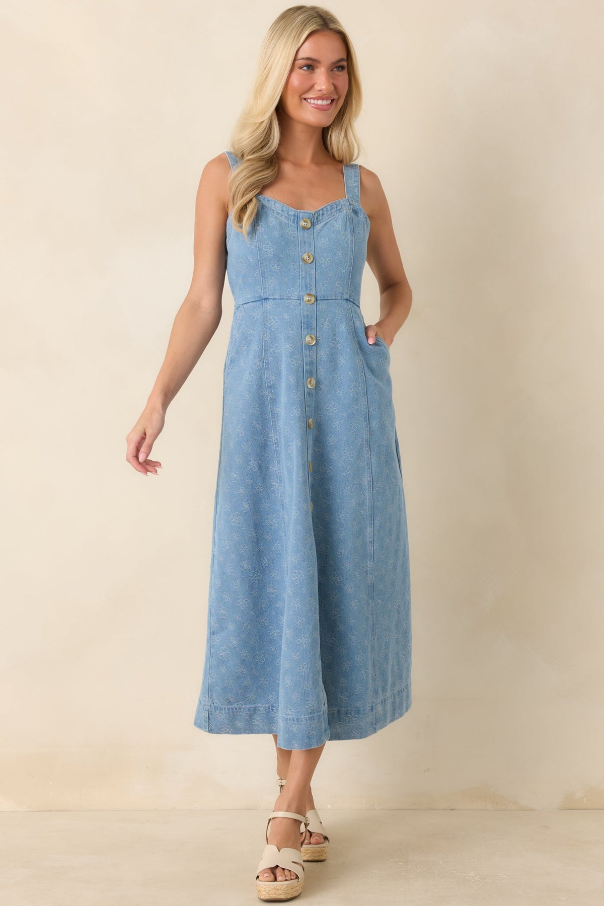 Dreaming in Blue Light Wash Denim Floral Midi Dress