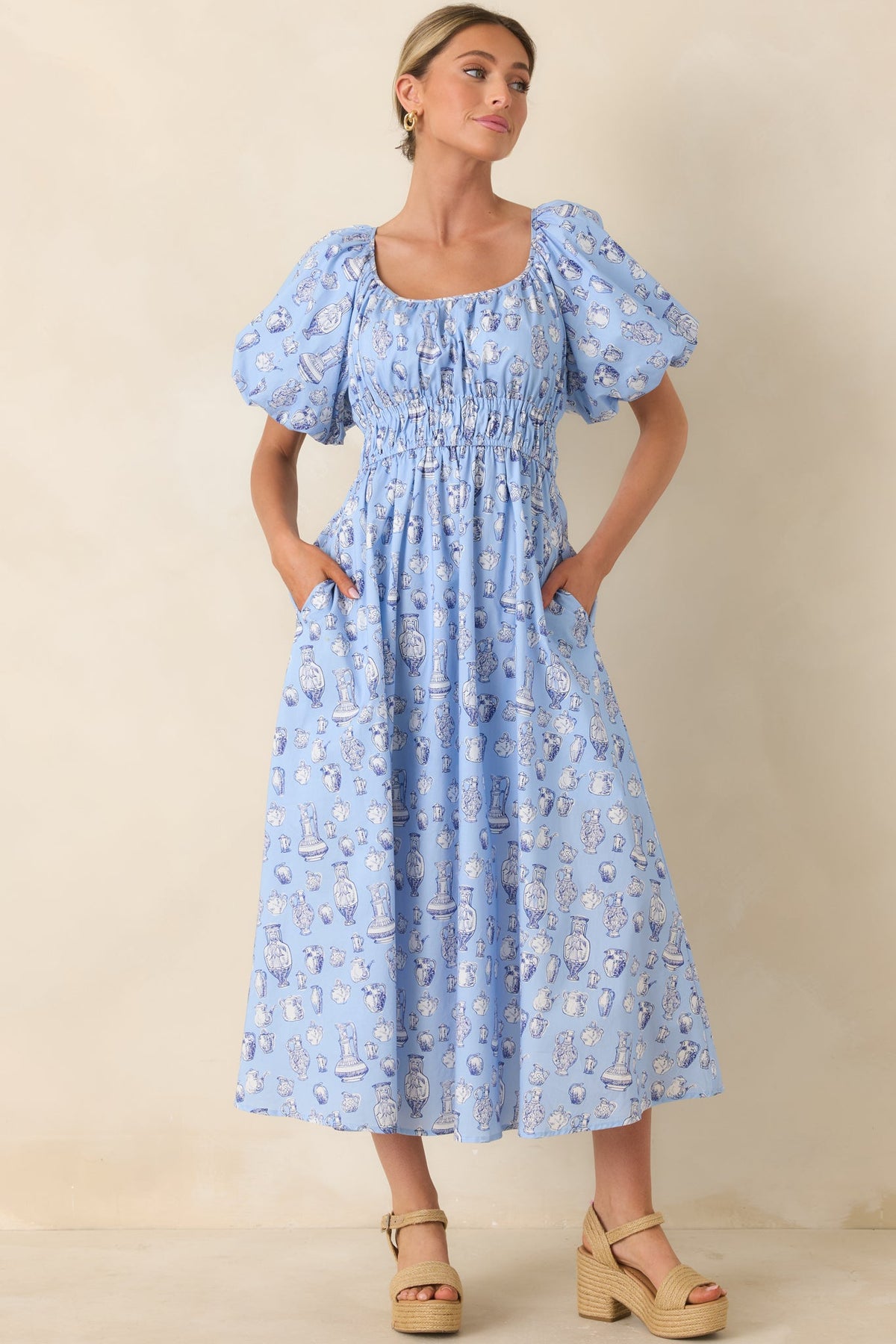 Curated Charm Blue Toile Print Cotton Midi Dress