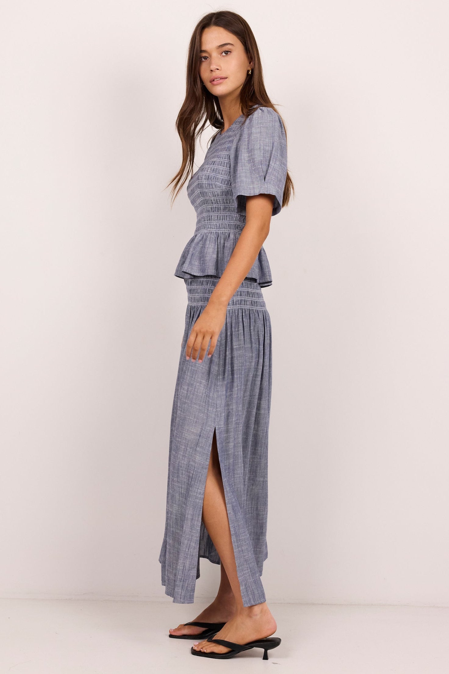 Byron Light Blue Chambray Shirred Waist Maxi Skirt