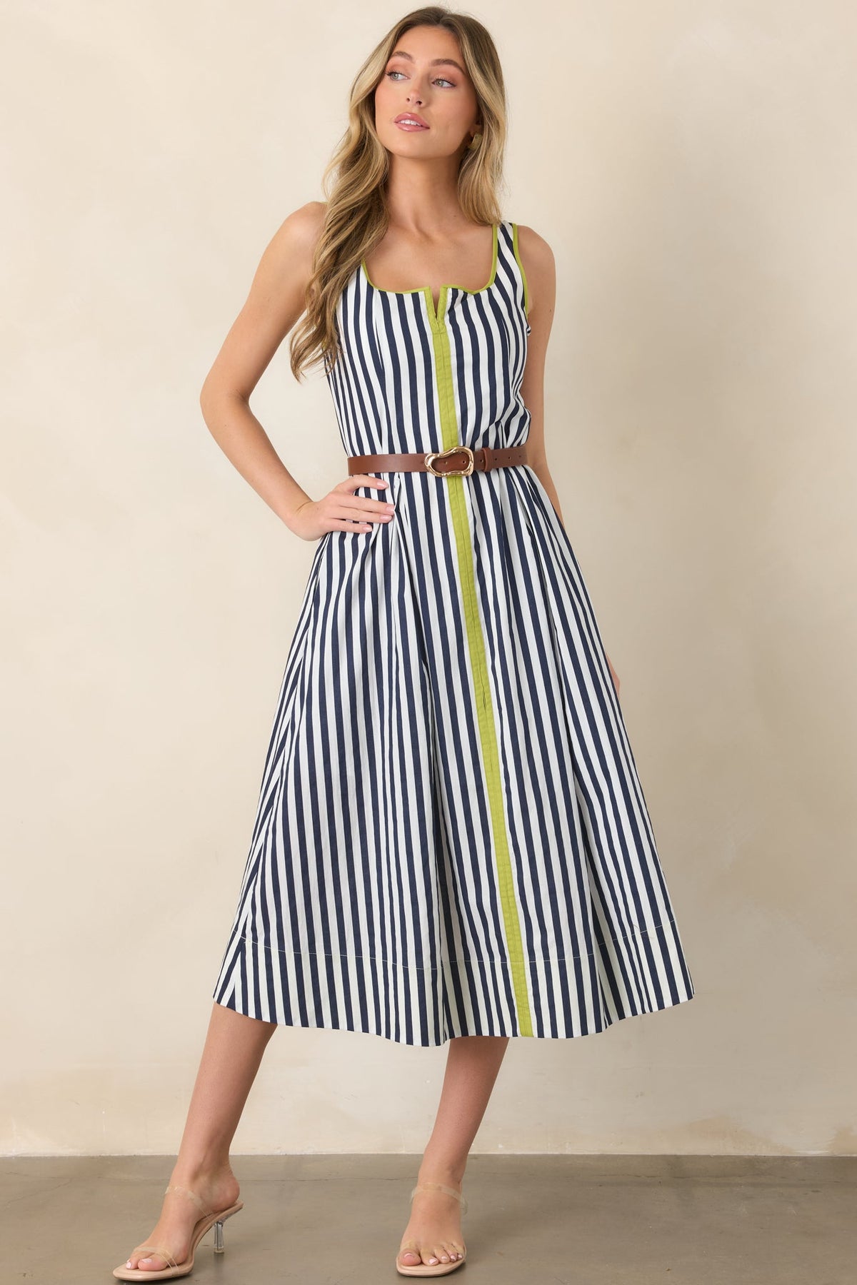 All Smiles Navy & Chartreuse Stripe Cotton Midi Dress