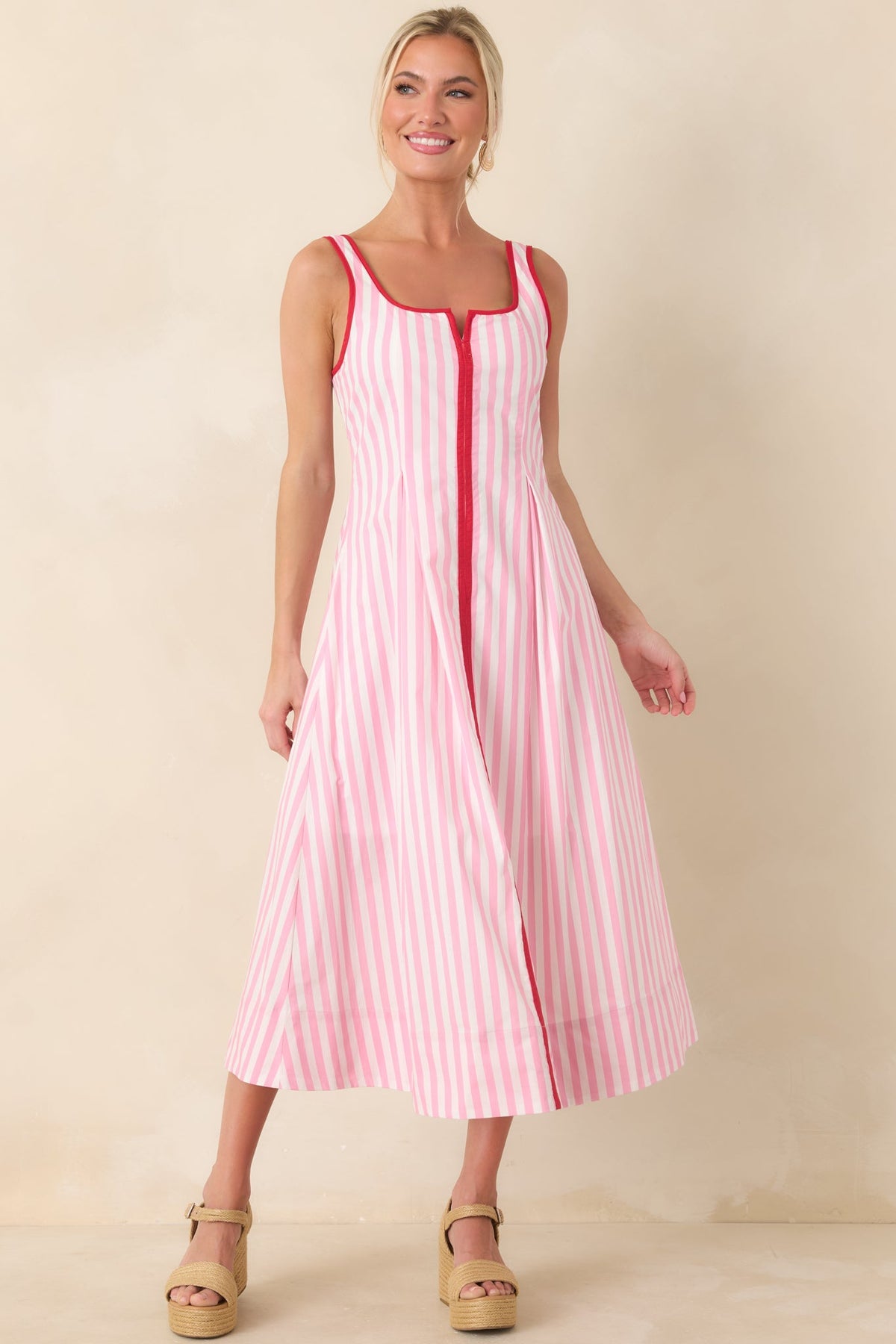 All Smiles Pink & White Stripe Midi Dress