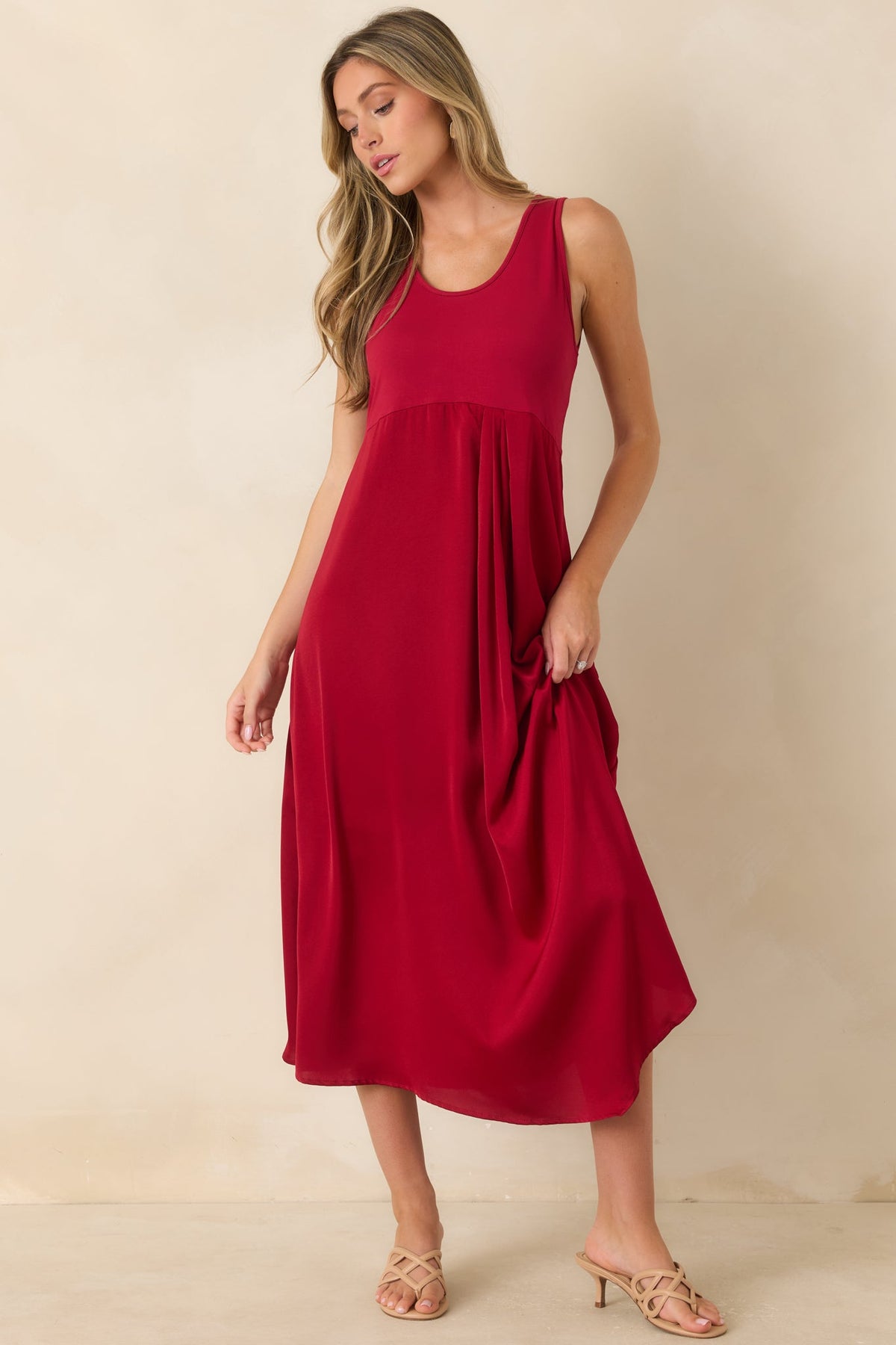 Easy Confidence Red Knit & Satin Sleeveless Midi Dress