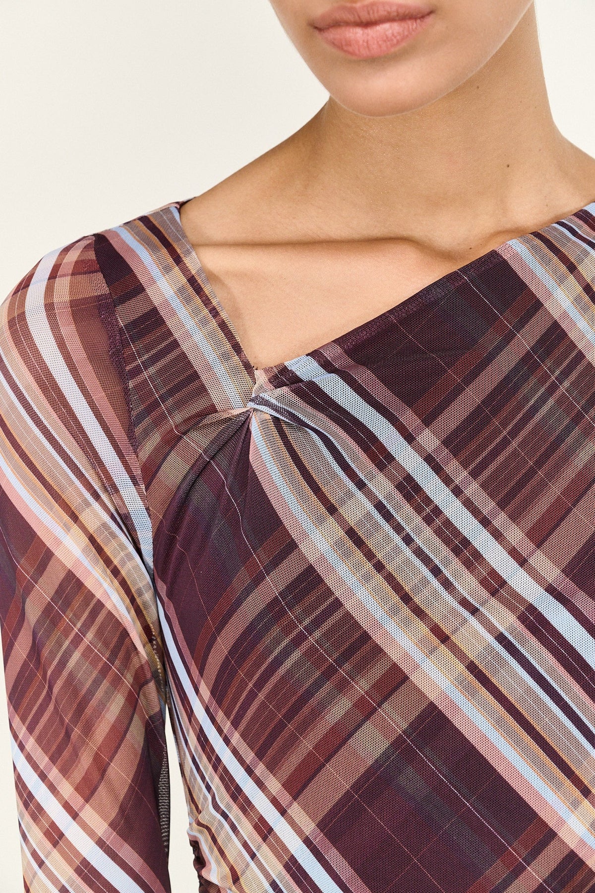 Arles Chocolate Check Mesh Asym Neck LS Midi Dress