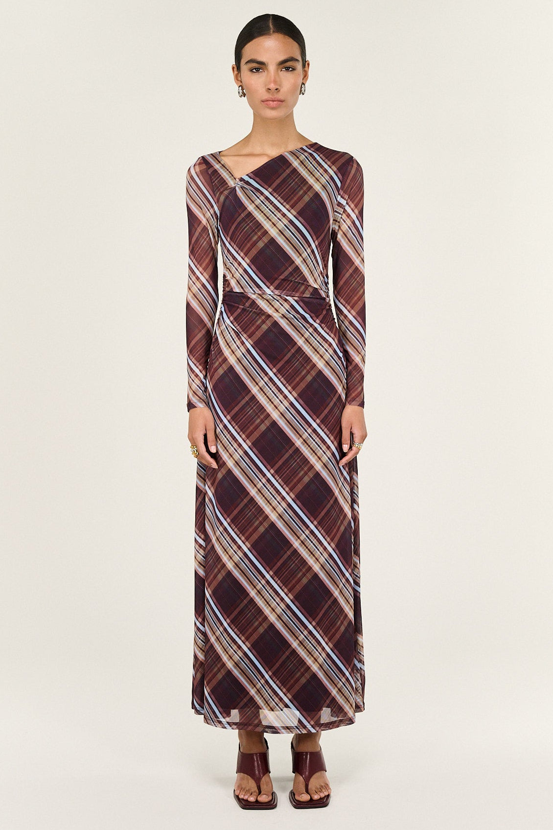 Arles Chocolate Check Mesh Asym Neck LS Midi Dress