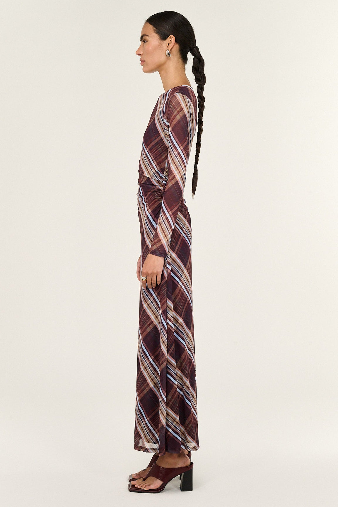 Arles Chocolate Check Mesh Asym Neck LS Midi Dress