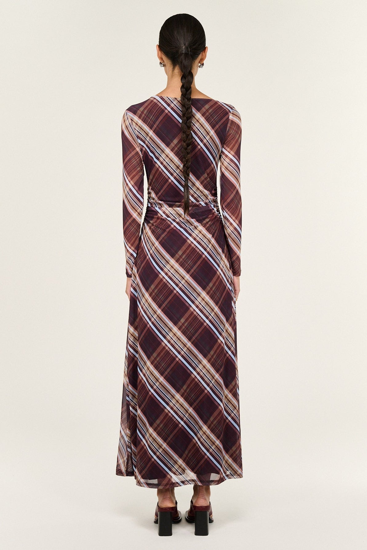 Arles Chocolate Check Mesh Asym Neck LS Midi Dress