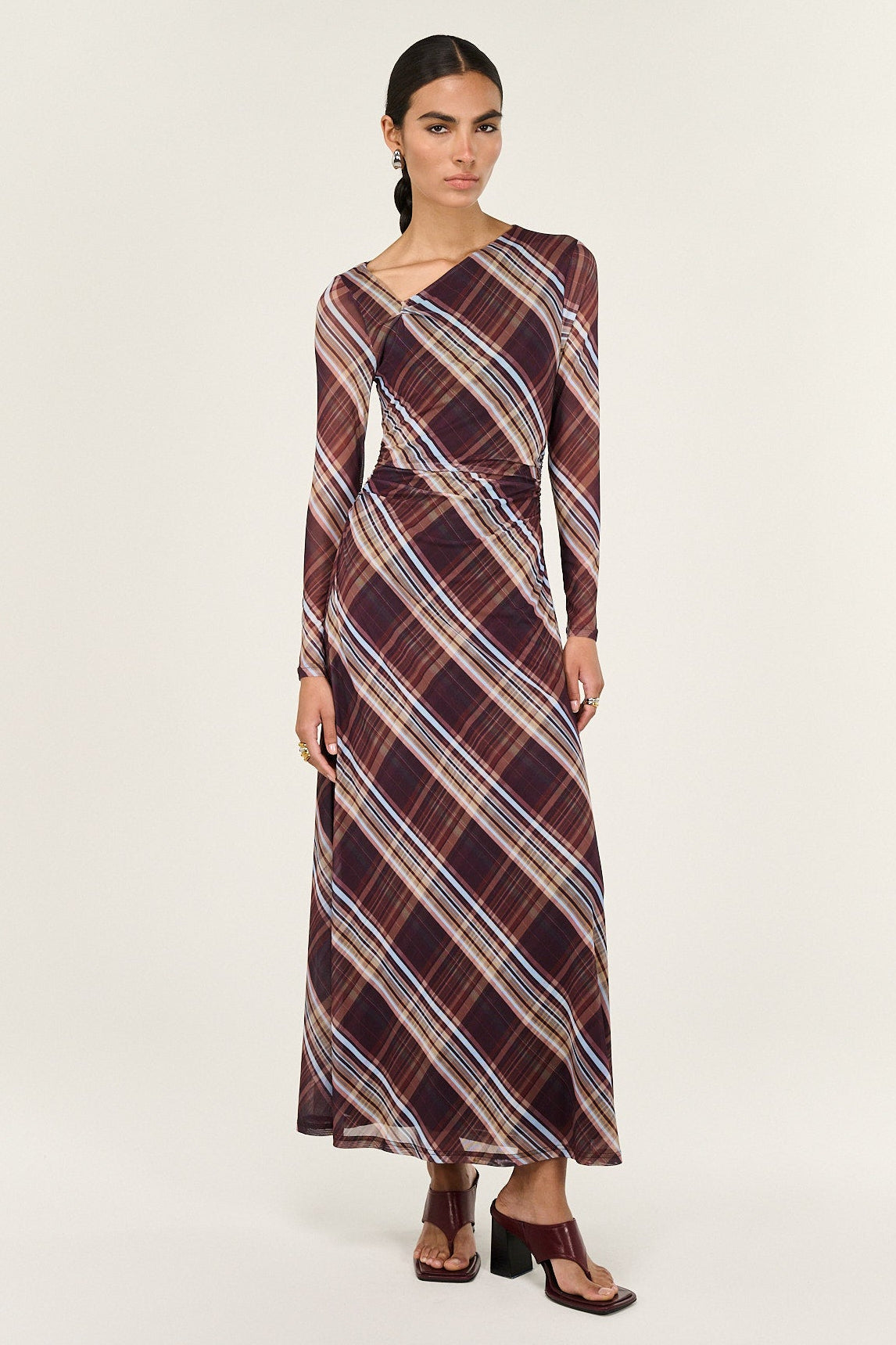 Arles Chocolate Check Mesh Asym Neck LS Midi Dress