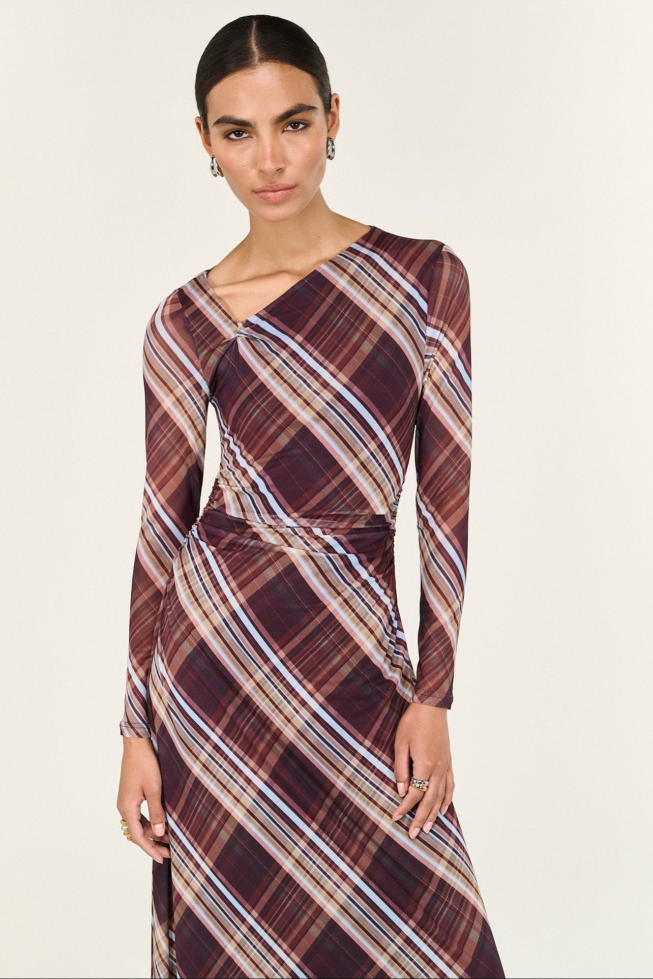 Arles Chocolate Check Mesh Asym Neck LS Midi Dress
