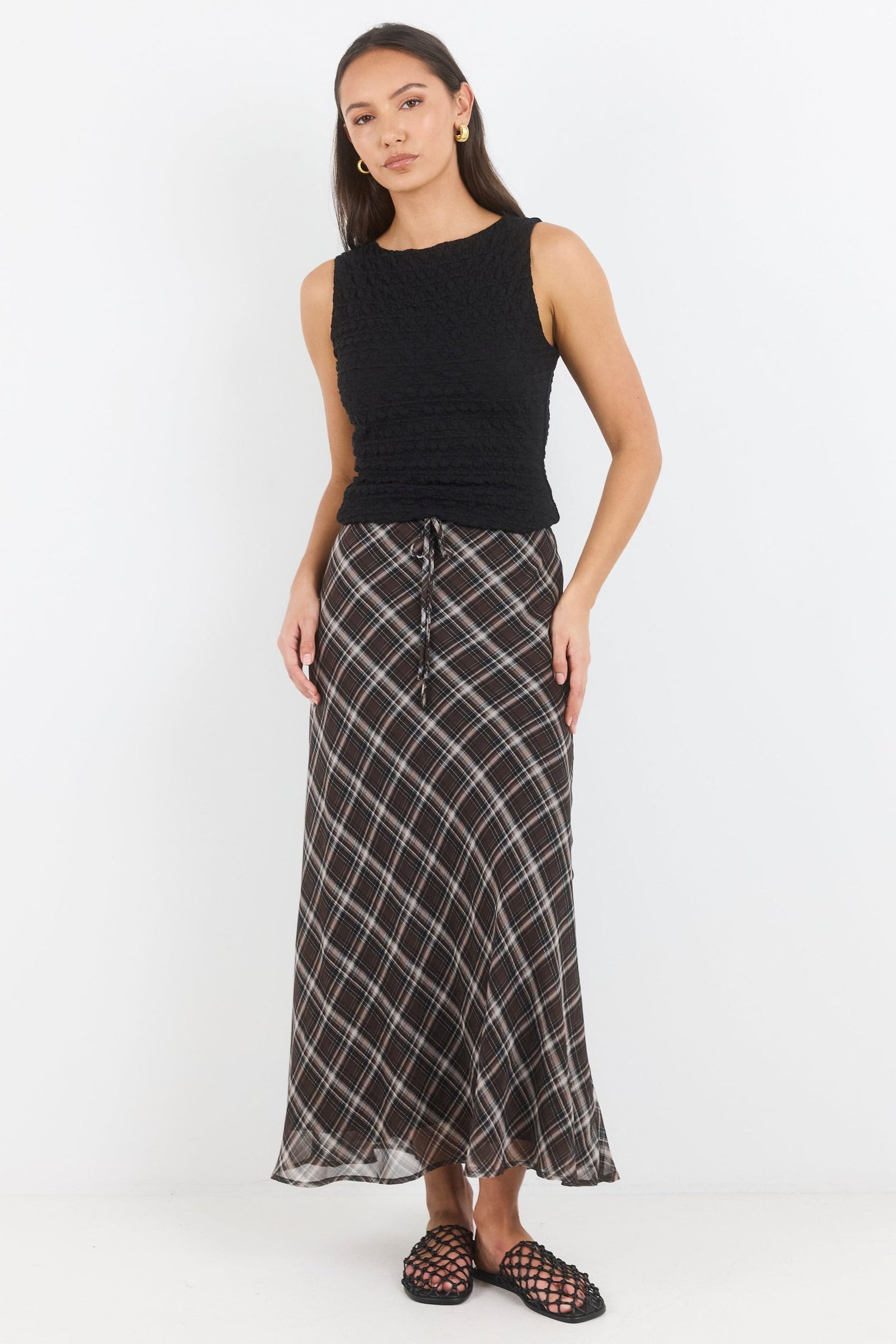 Align Black Chocolate Check Tie Waist Bias Maxi Skirt