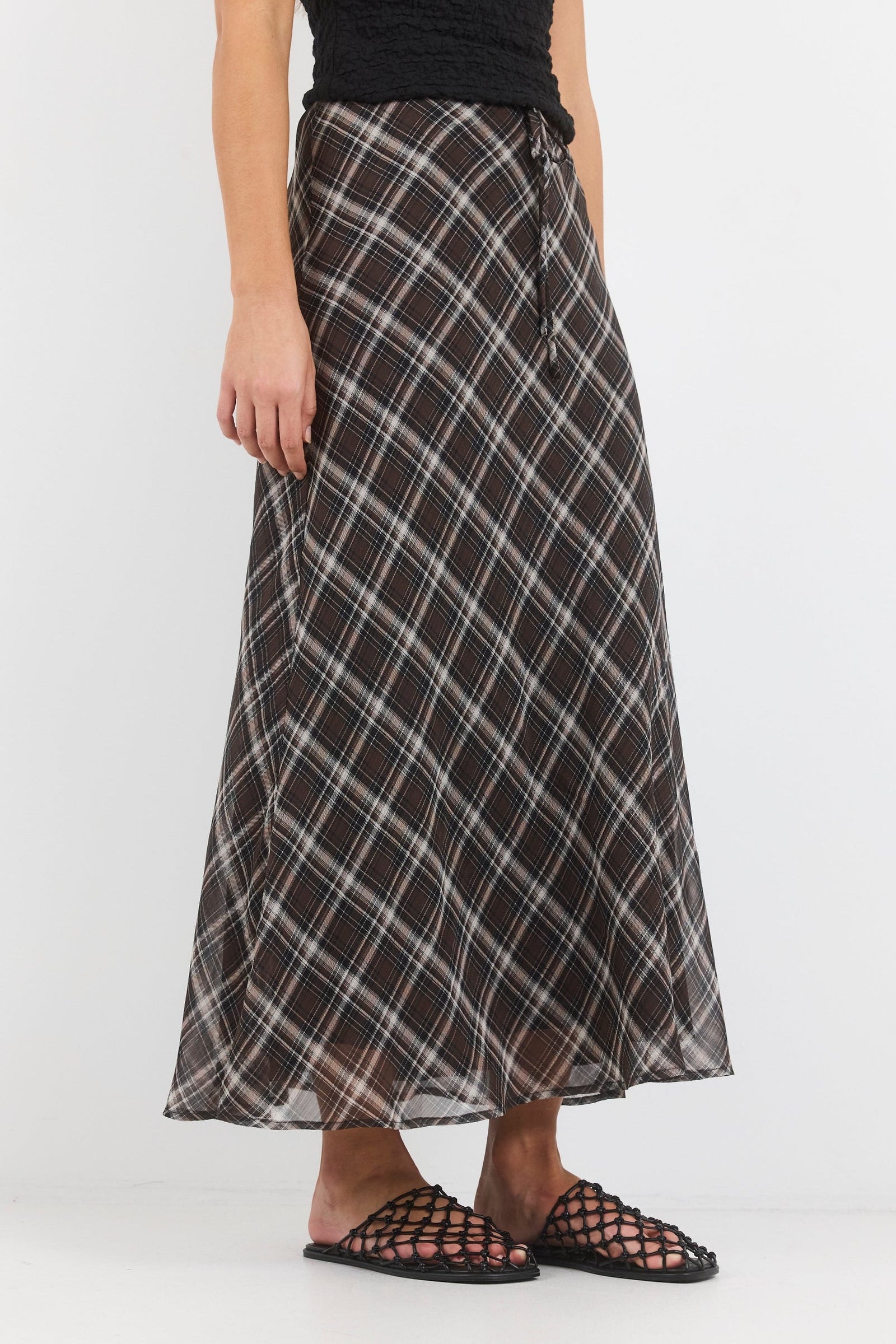 Align Black Chocolate Check Tie Waist Bias Maxi Skirt