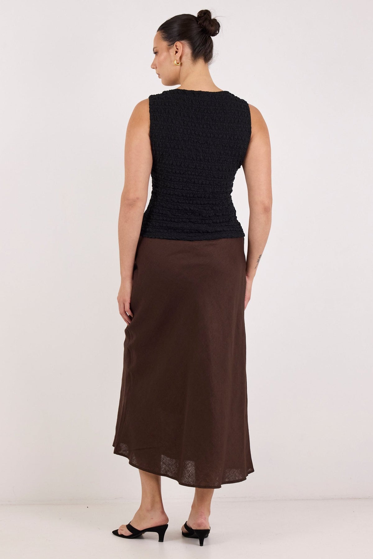 Bliss Dark Chocolate Linen Bias Midi Skirt