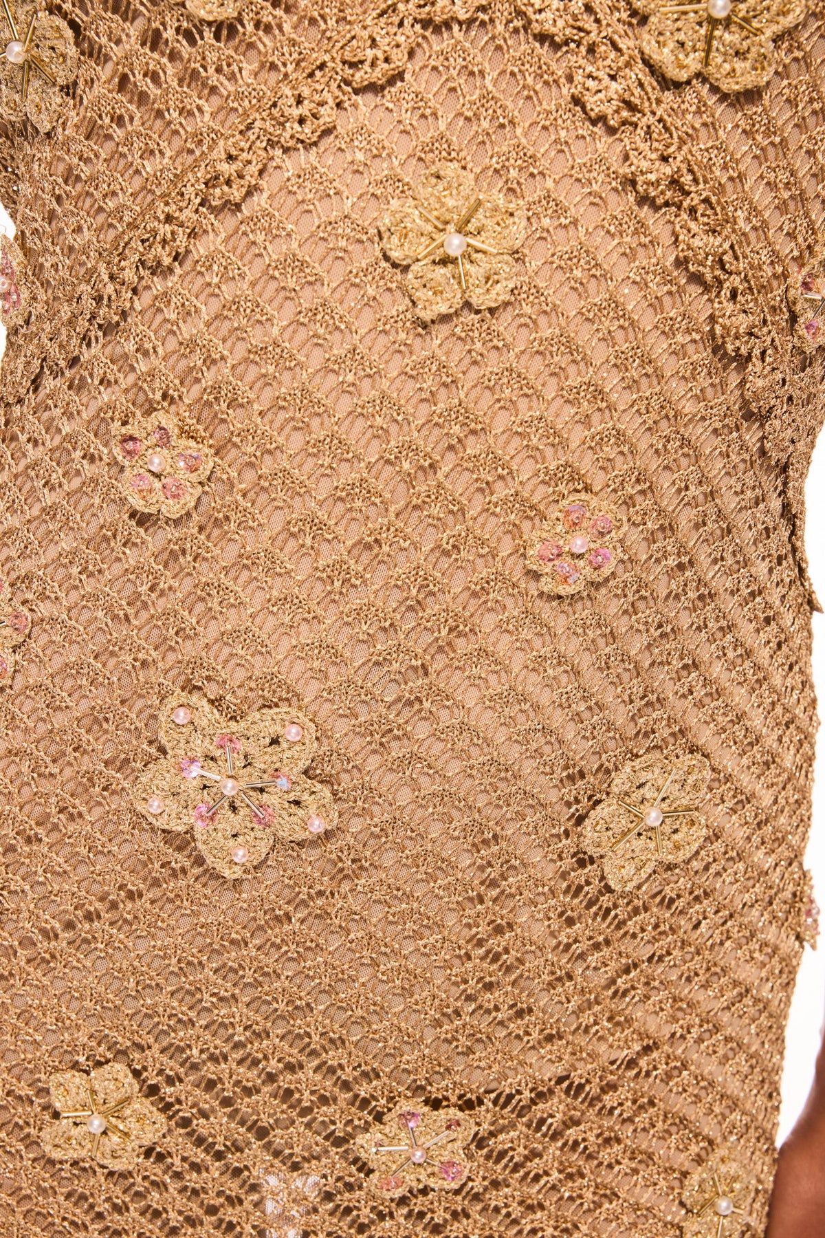 Vreya Metallic Crochet Halter Dress