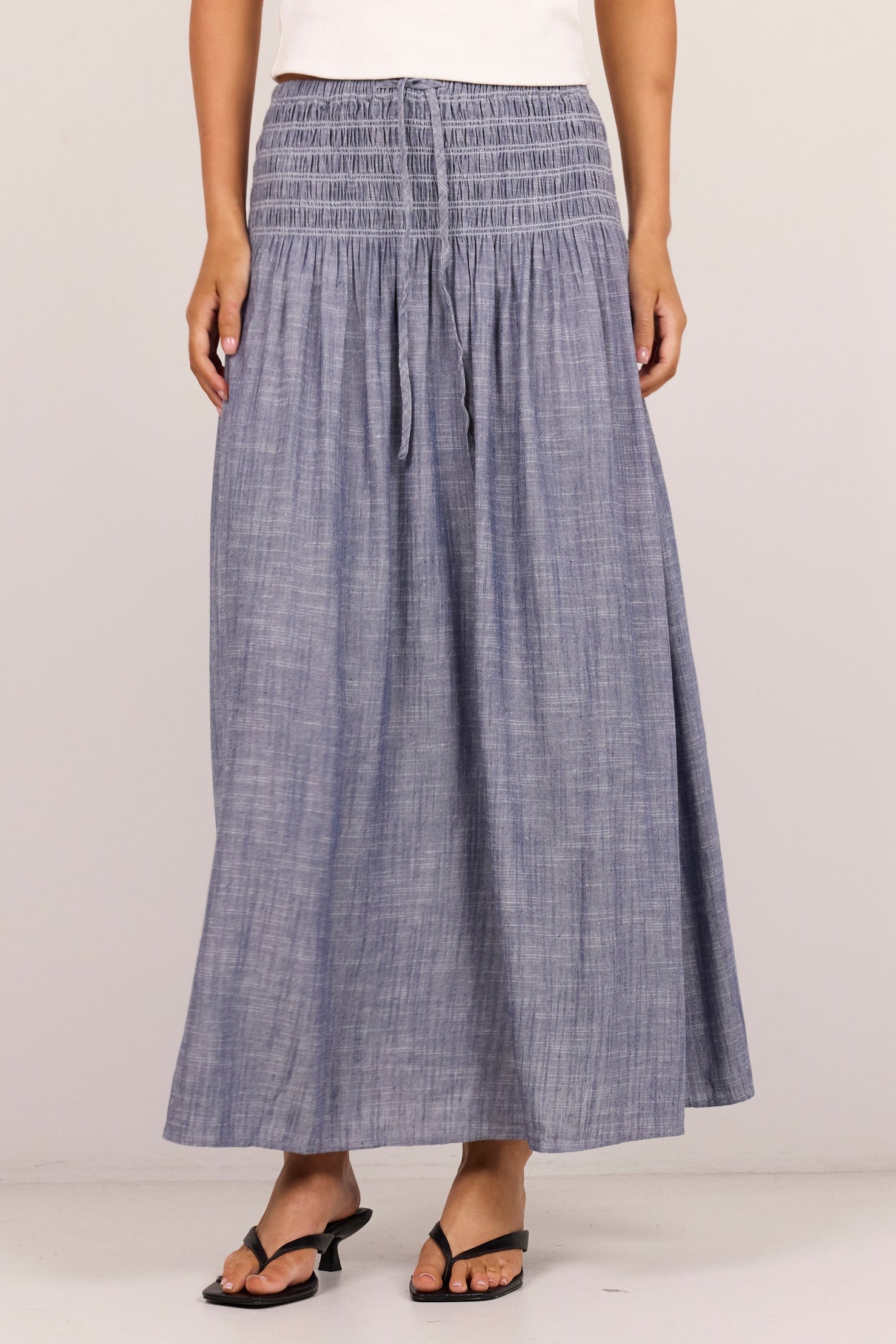 Byron Light Blue Chambray Shirred Waist Maxi Skirt